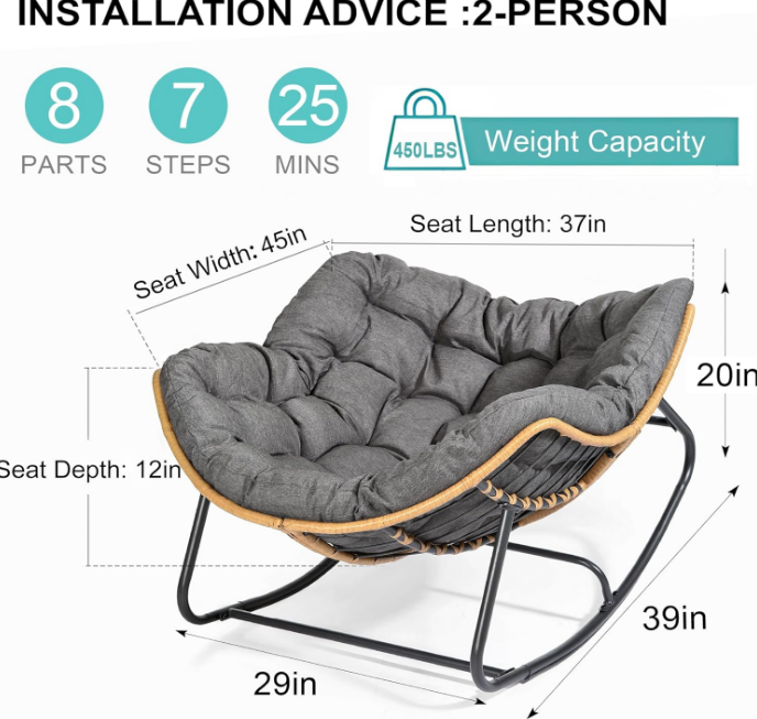 Outdoor Rocking Chair, Patio Egg Rocking Chair, Indoor Papasan Chair, Rattan Wicker Lounge Chair, Modern Royal Chair for Bedroom, Living Room, Porch, Garden, Lawn-Dark Grey