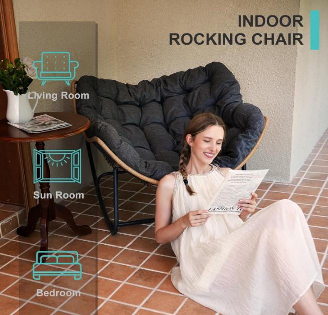 Outdoor Rocking Chair, Patio Egg Rocking Chair, Indoor Papasan Chair, Rattan Wicker Lounge Chair, Modern Royal Chair for Bedroom, Living Room, Porch, Garden, Lawn-Dark Grey