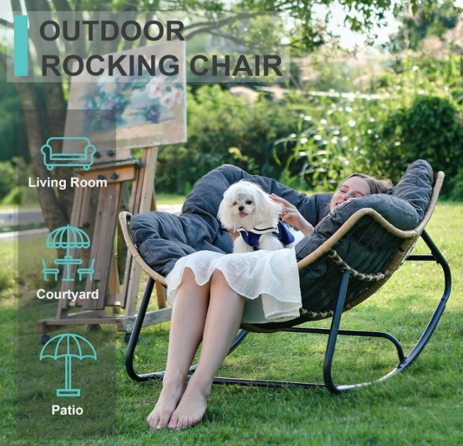 Outdoor Rocking Chair, Patio Egg Rocking Chair, Indoor Papasan Chair, Rattan Wicker Lounge Chair, Modern Royal Chair for Bedroom, Living Room, Porch, Garden, Lawn-Dark Grey