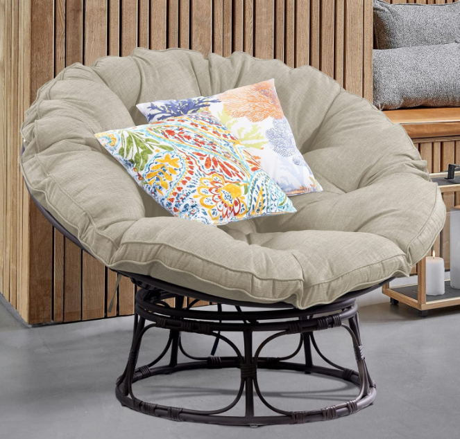 46'' Large Size Papasan Chair with Cushion and Frame Overstuffed Thickened Papasan Lounge Chair with Cushion and Frame, Lazy Chair, Circle Chair, Round Chair, Beige