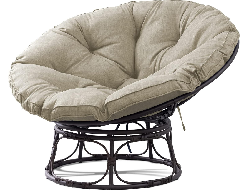 46'' Large Size Papasan Chair with Cushion and Frame Overstuffed Thickened Papasan Lounge Chair with Cushion and Frame, Lazy Chair, Circle Chair, Round Chair, Beige