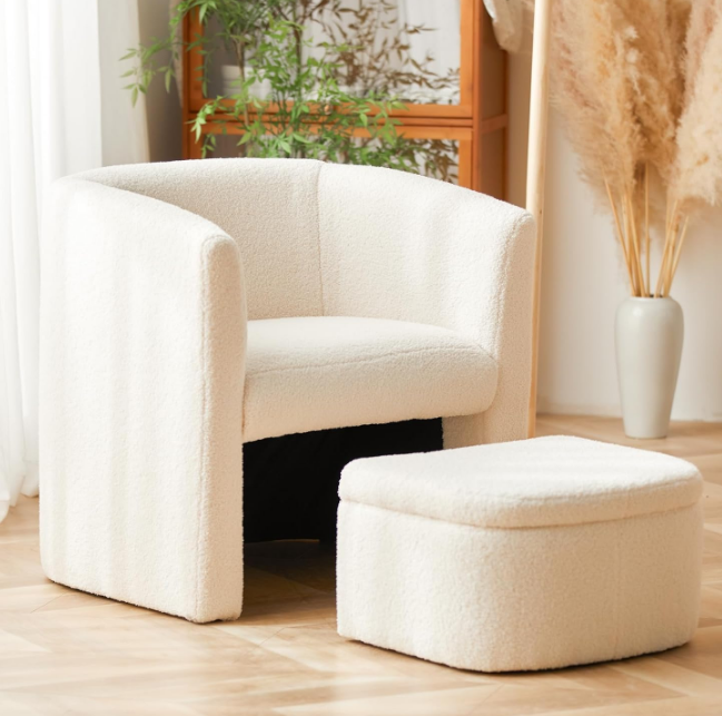 Upholstered Sherpa Barrel Accent Chair with Storage Ottoman, Morden Living Room Side Chair, Single Sofa Armchair with Lounge Seat for Bedroom/Office/Reading Spaces, Cream