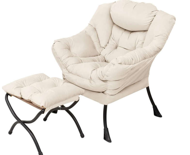 Lazy Chair with Ottoman, Modern Lounge Accent Armrests and a Side Pocket, Leisure Upholstered Sofa Set, Reading Footrest for Small Space, Corner Chair, Beige