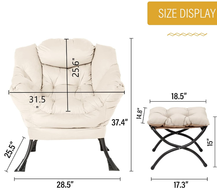 Lazy Chair with Ottoman, Modern Lounge Accent Armrests and a Side Pocket, Leisure Upholstered Sofa Set, Reading Footrest for Small Space, Corner Chair, Beige