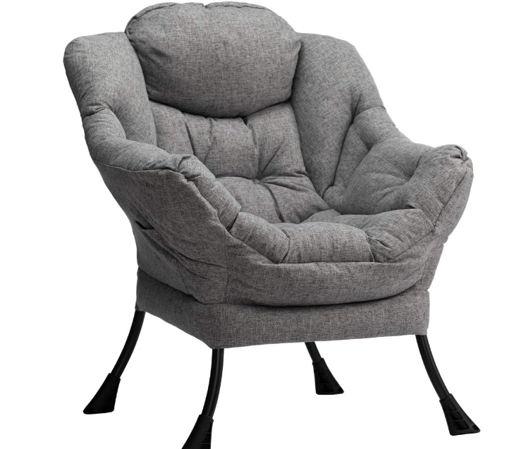 Modern Fabric Large Lazy Chair, Accent Oversized Comfy Reading Chair, Thick Padded Cozy Lounge Chair with Armrest, Steel Frame Leisure Sofa Chair for Living Room, Bedroom, Dorm, Stale Grey