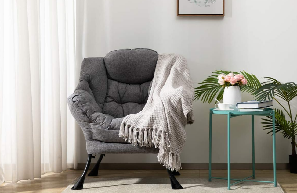 Modern Fabric Large Lazy Chair, Accent Oversized Comfy Reading Chair, Thick Padded Cozy Lounge Chair with Armrest, Steel Frame Leisure Sofa Chair for Living Room, Bedroom, Dorm, Stale Grey