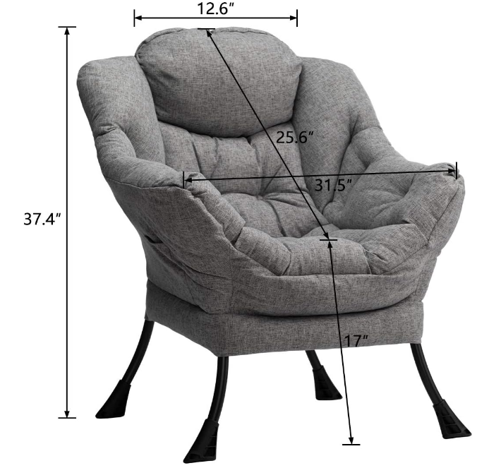 Modern Fabric Large Lazy Chair, Accent Oversized Comfy Reading Chair, Thick Padded Cozy Lounge Chair with Armrest, Steel Frame Leisure Sofa Chair for Living Room, Bedroom, Dorm, Stale Grey