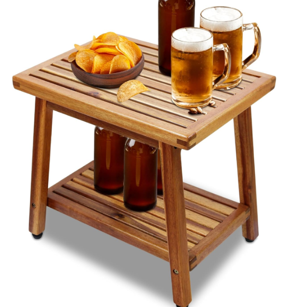 Small Acacia 16 Inches Outdoor Side Table, 2-Tier Sturdy Patio, End Table Weather Resistant, Strong Stability Side Table for Patio, Pool, Porch, Teak Finish (Small)