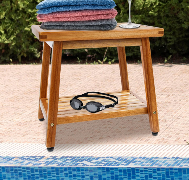 Small Acacia 16 Inches Outdoor Side Table, 2-Tier Sturdy Patio, End Table Weather Resistant, Strong Stability Side Table for Patio, Pool, Porch, Teak Finish (Small)