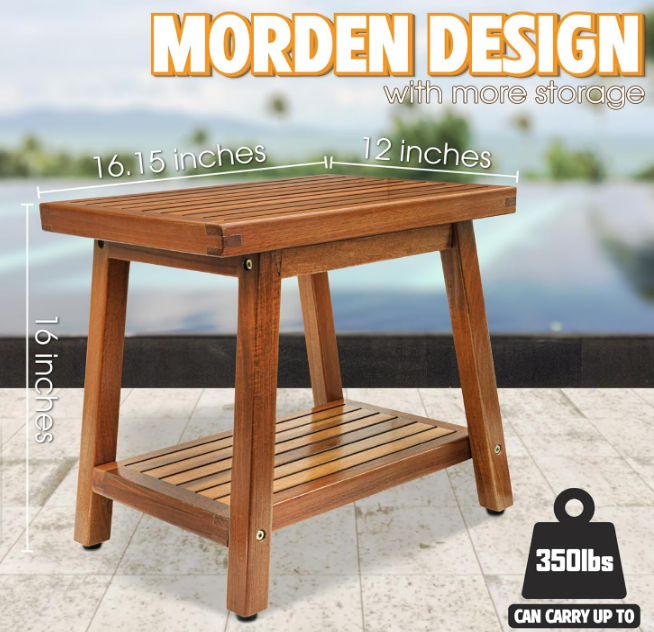 Small Acacia 16 Inches Outdoor Side Table, 2-Tier Sturdy Patio, End Table Weather Resistant, Strong Stability Side Table for Patio, Pool, Porch, Teak Finish (Small)