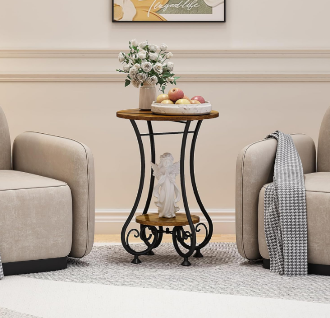 End Table, Round Side Table for Small Spaces, Coffee Tea Table Nightstand Home Decor for Living Room Balcony Bedroom Office,Rustic Brown & Black,15.75" L x 15.75" W x 24.0" H