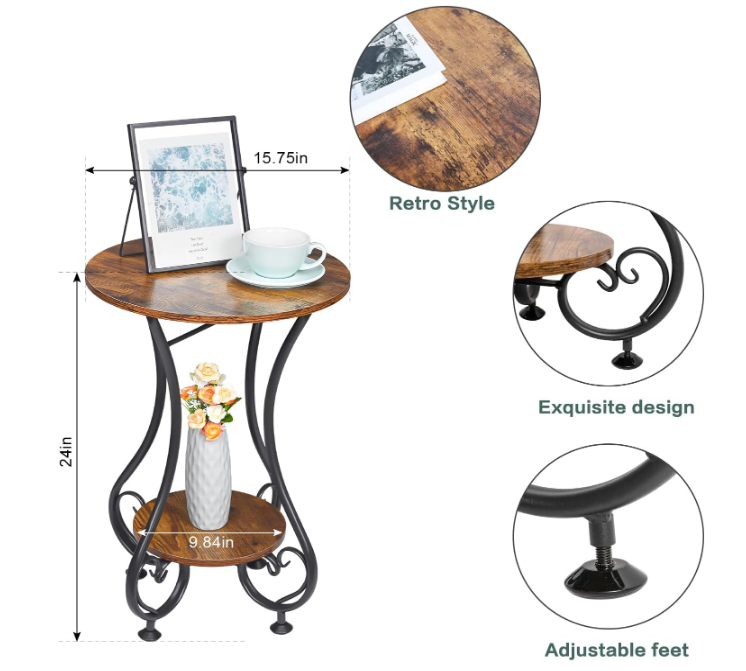 End Table, Round Side Table for Small Spaces, Coffee Tea Table Nightstand Home Decor for Living Room Balcony Bedroom Office,Rustic Brown & Black,15.75" L x 15.75" W x 24.0" H