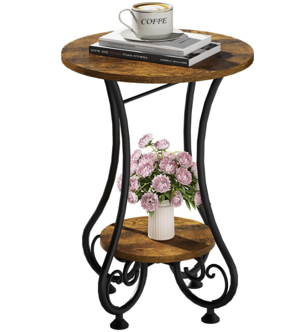 End Table, Round Side Table for Small Spaces, Coffee Tea Table Nightstand Home Decor for Living Room Balcony Bedroom Office,Rustic Brown & Black,15.75" L x 15.75" W x 24.0" H