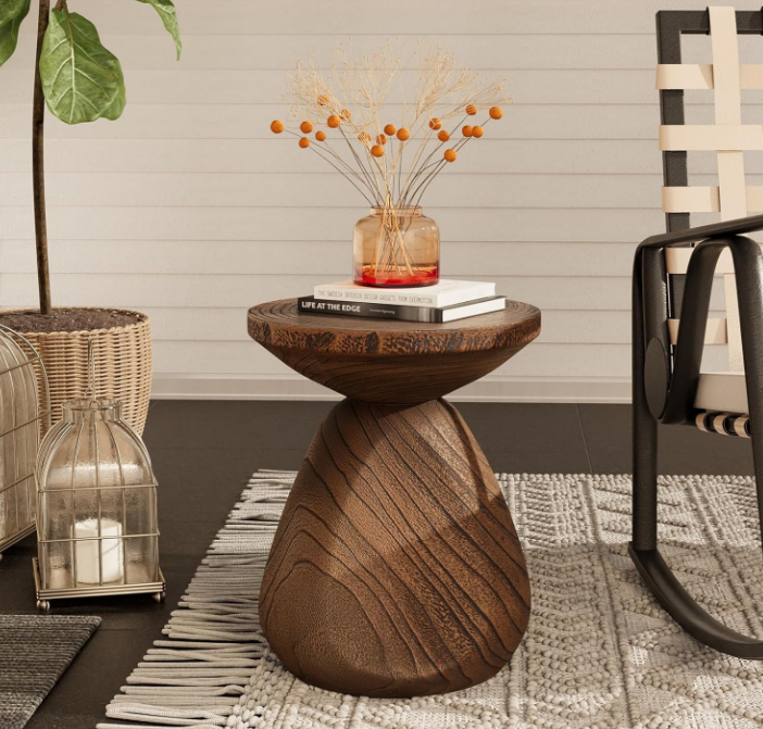 Outdoor Side Table Colored Faux Wood, Stump End Table w Tree Rings, Round Side Table Stool, Wood Tree Stump End Table for Plant Stand, Deck or Garden, Brown