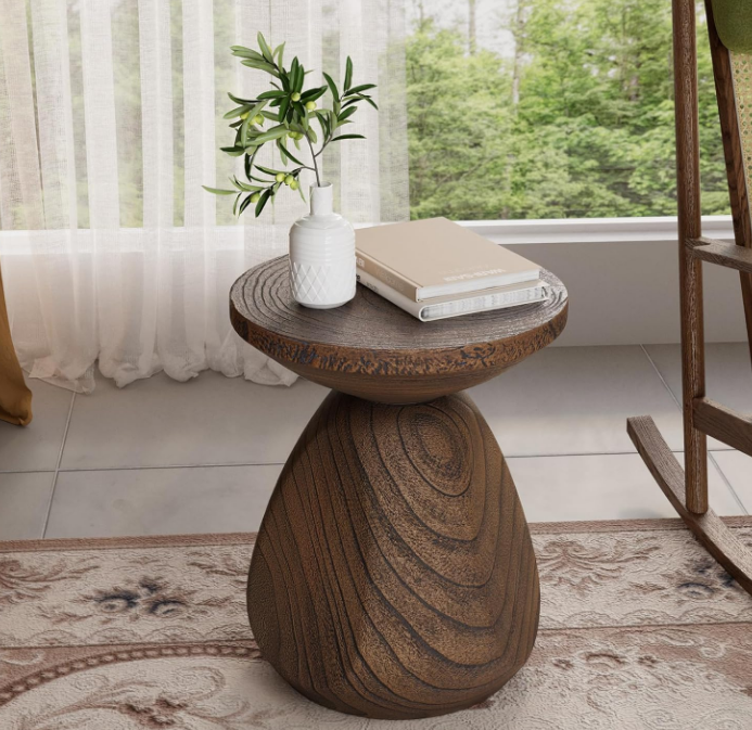 Outdoor Side Table Colored Faux Wood, Stump End Table w Tree Rings, Round Side Table Stool, Wood Tree Stump End Table for Plant Stand, Deck or Garden, Brown