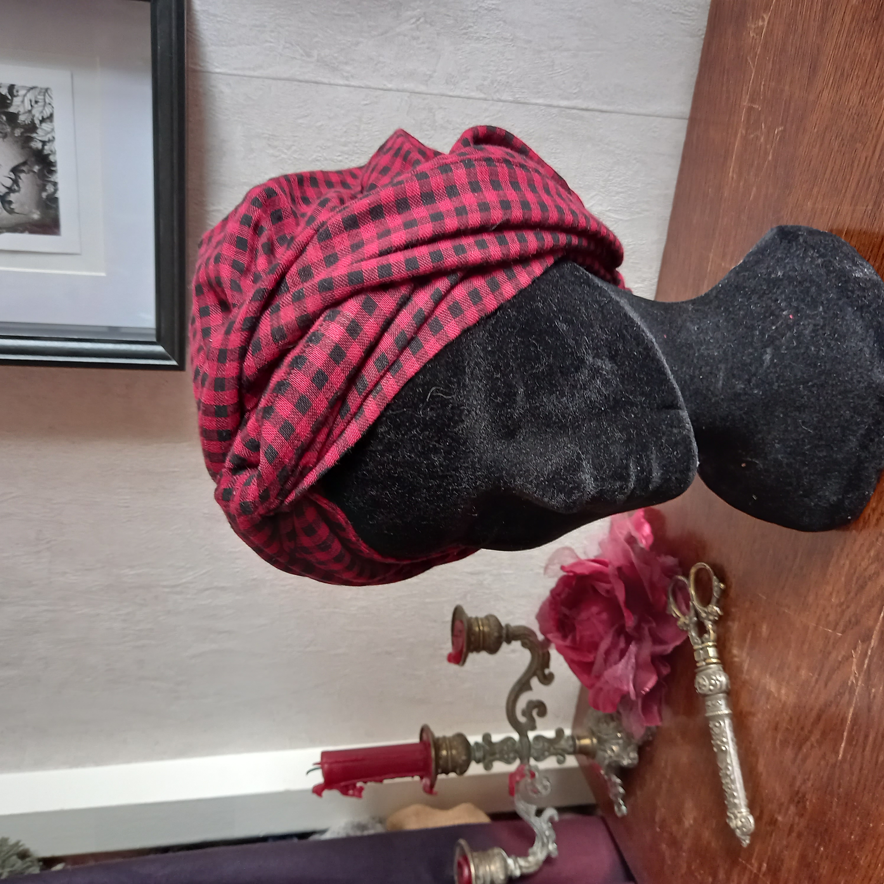 Turban coton carreaux bordeaux