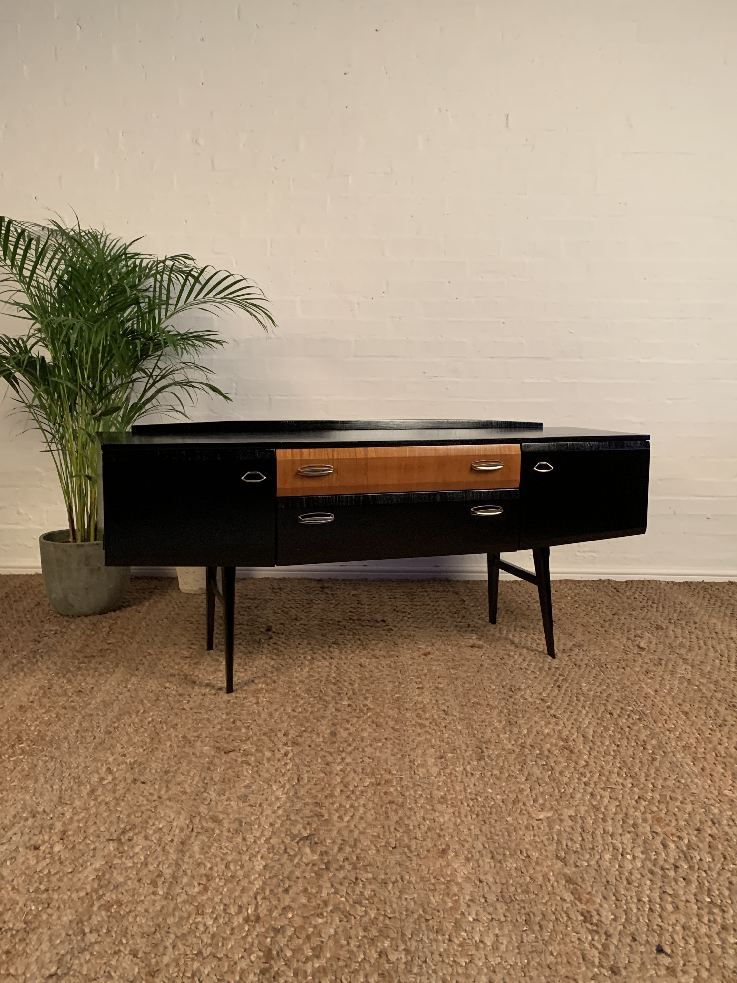 Vintage Teak & Black Polished Sideboard By Meredew 