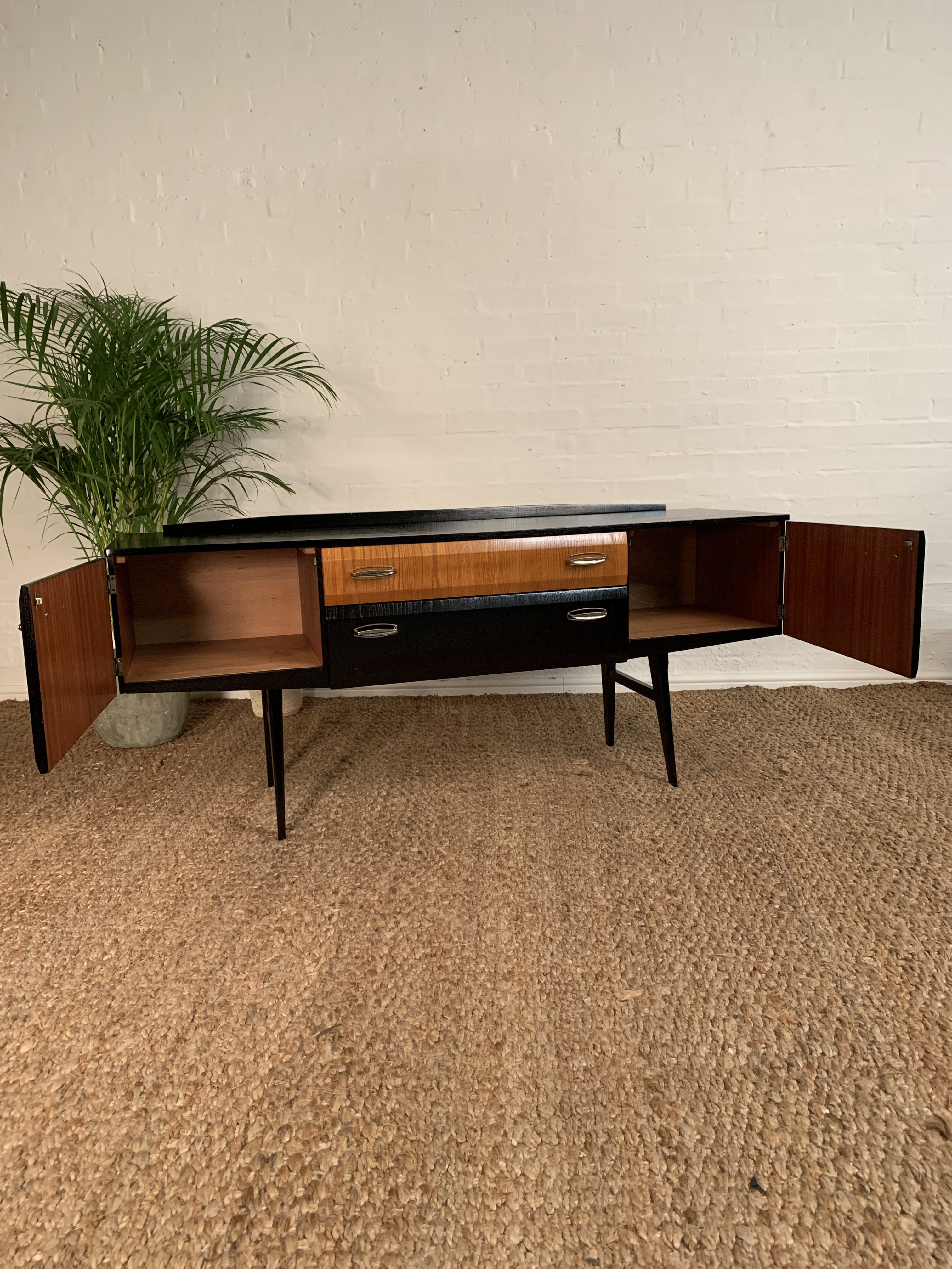 Vintage Teak & Black Polished Sideboard By Meredew 