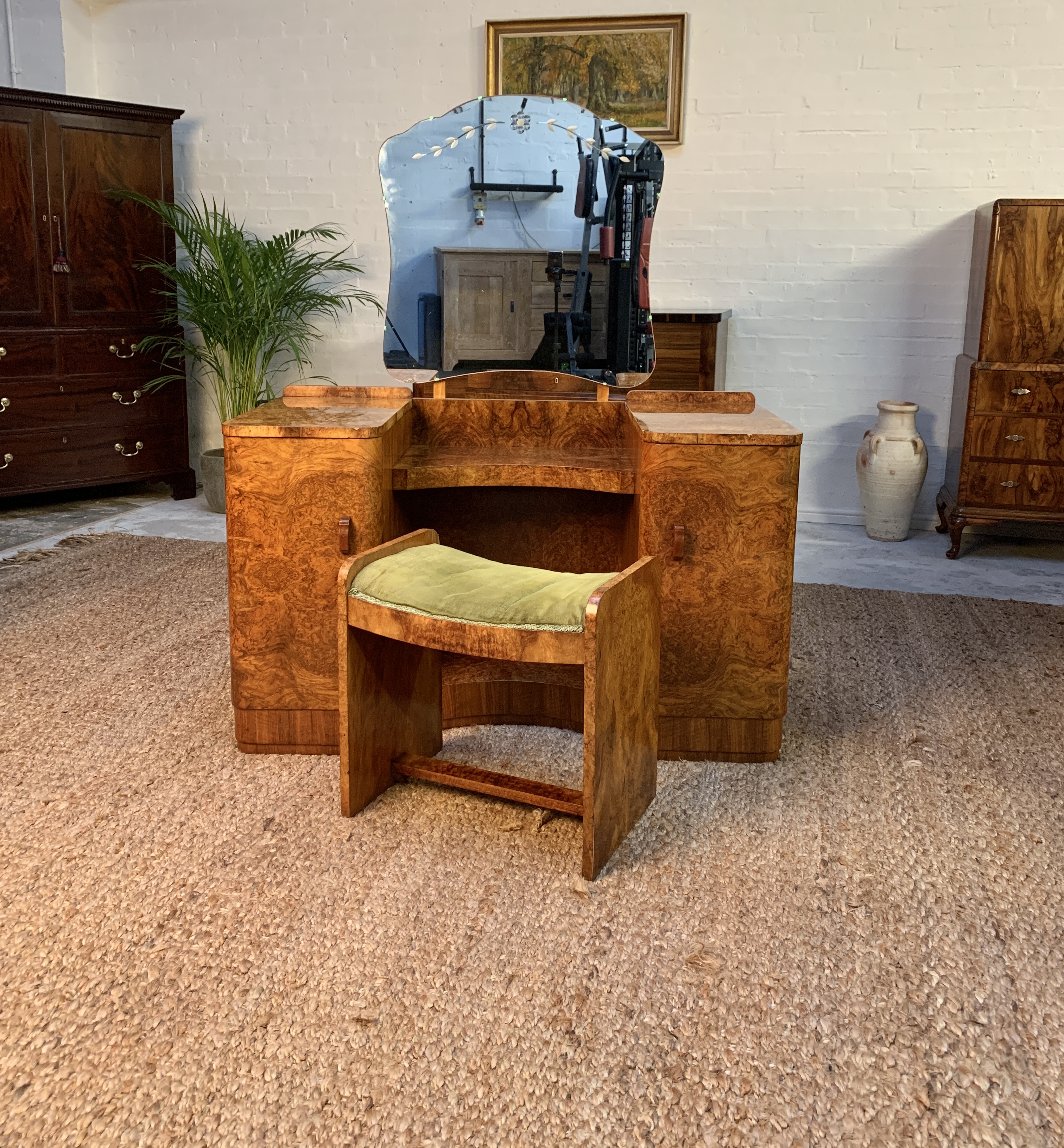 Burr Walnut Art Deco Dressing Table With Matching Stool
