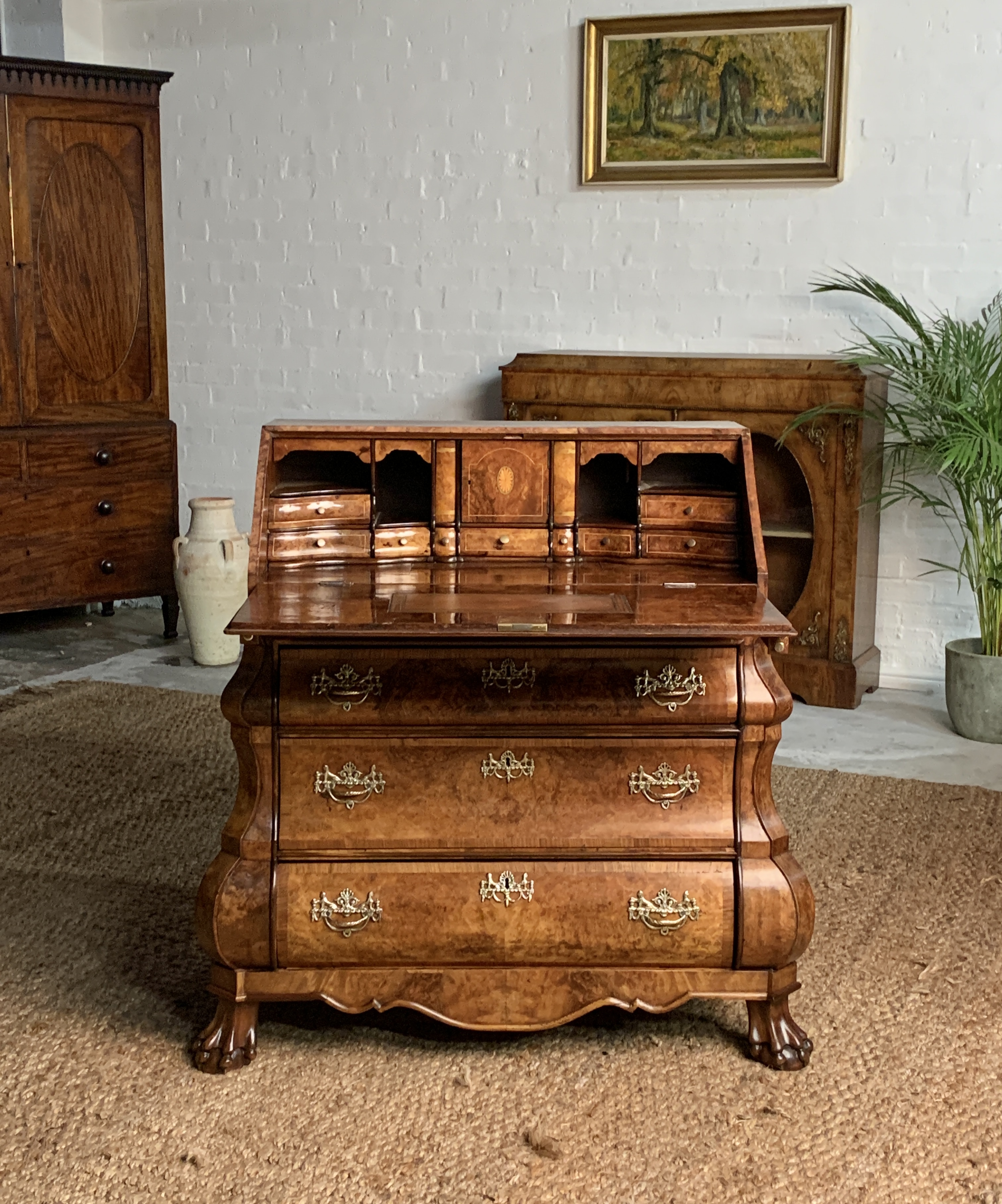 19th Century Dutch Burr Walnut Bombe Bureau/Writing Desk