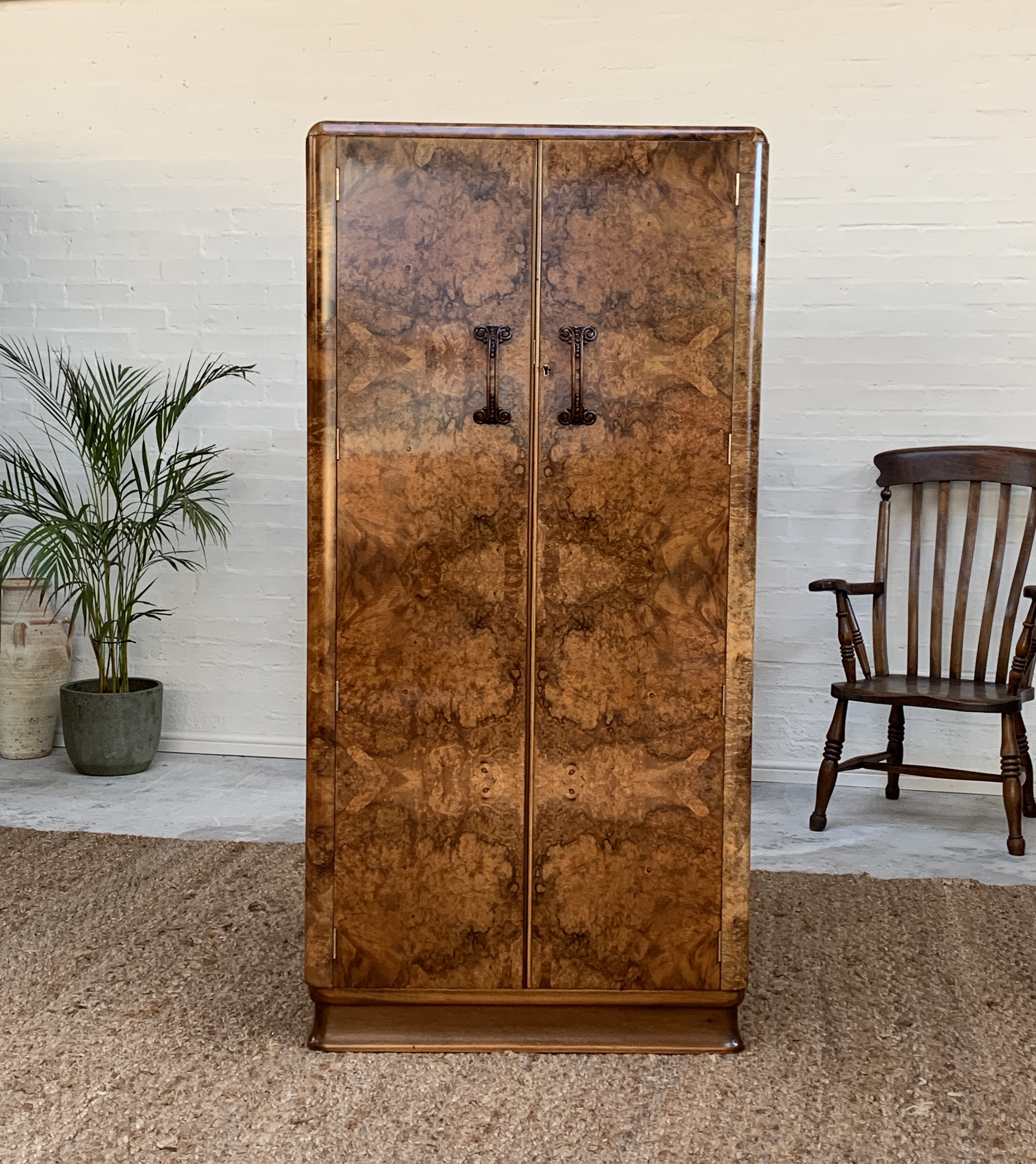 Small Art Deco Figured Walnut Wardrobe Armoire Tallboy