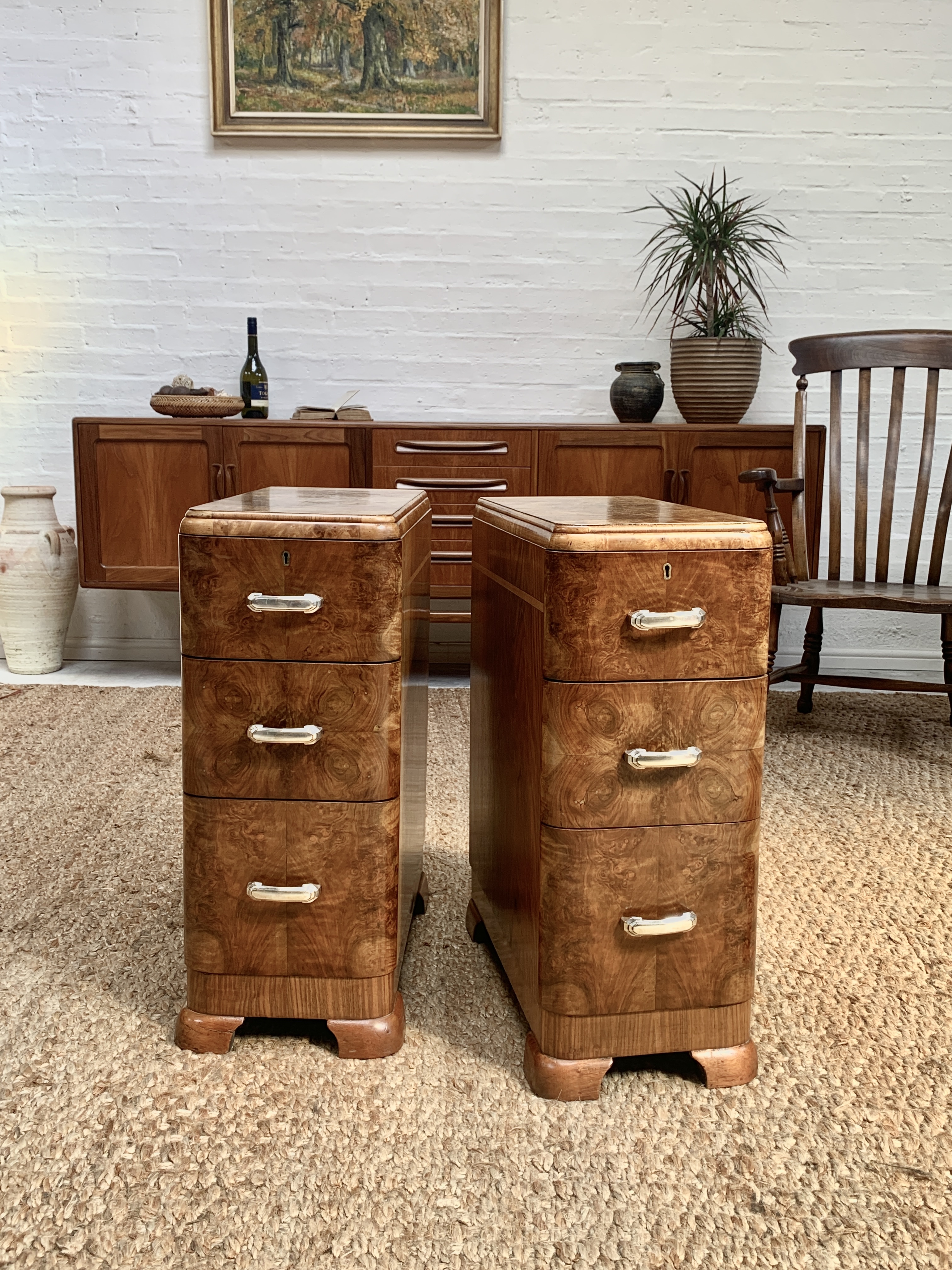 Elegant Burr Walnut Art Deco Maple & Co Bedside Cabinet