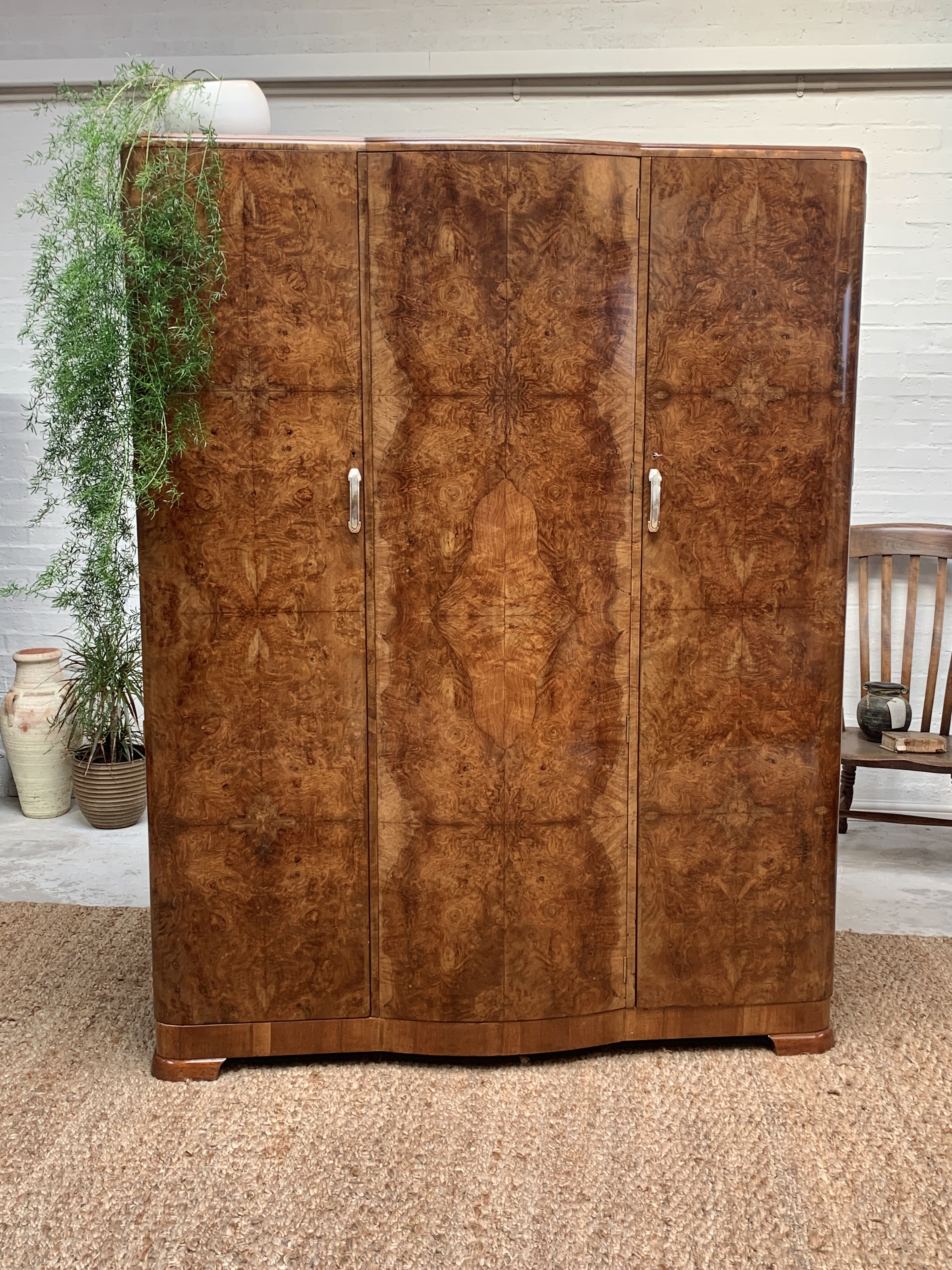 Elegant Burr Walnut Art Deco Maple & Co Triple Wardrobe