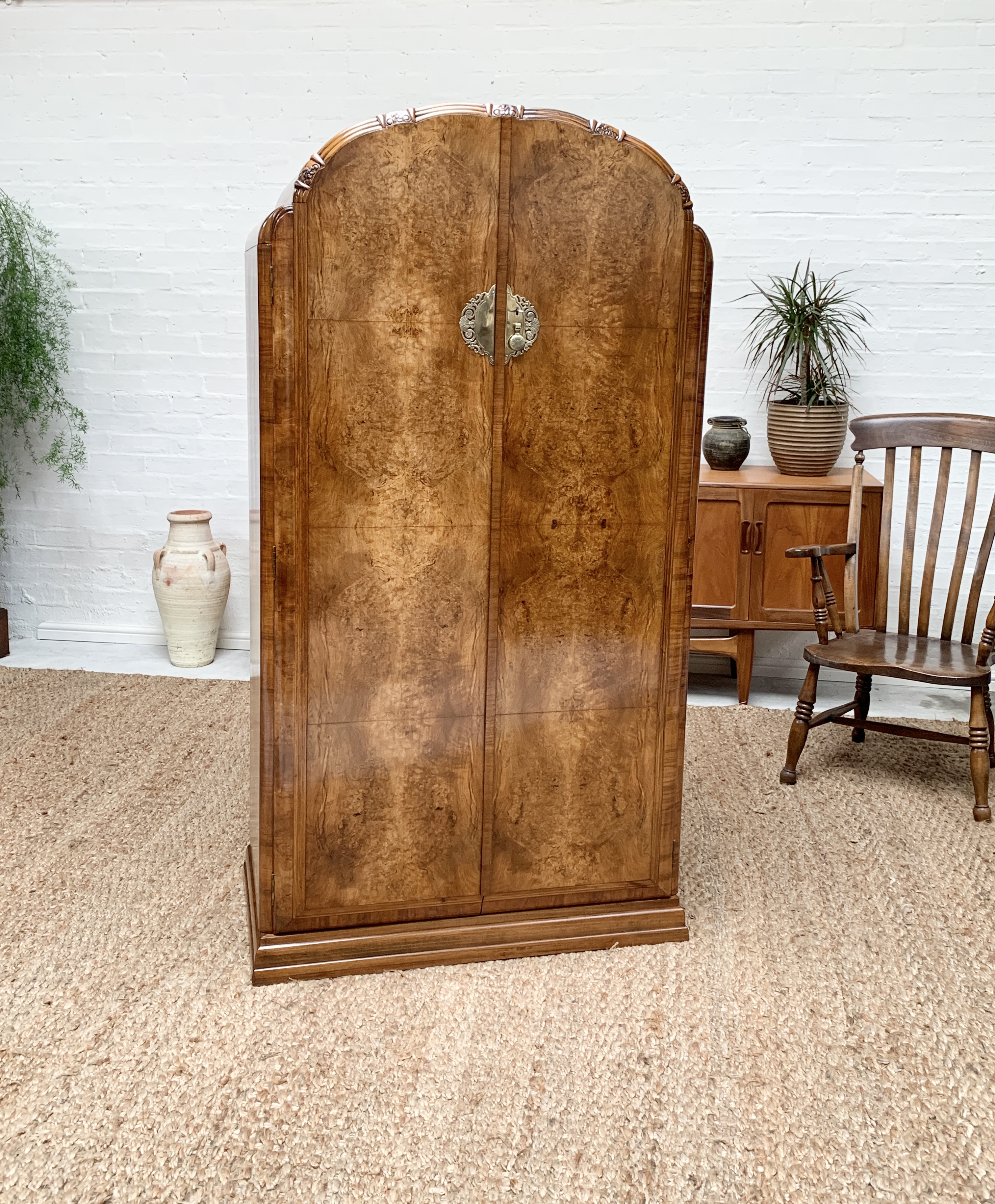  Small Art Deco Figured Walnut Wardrobe Armoire Tallboy