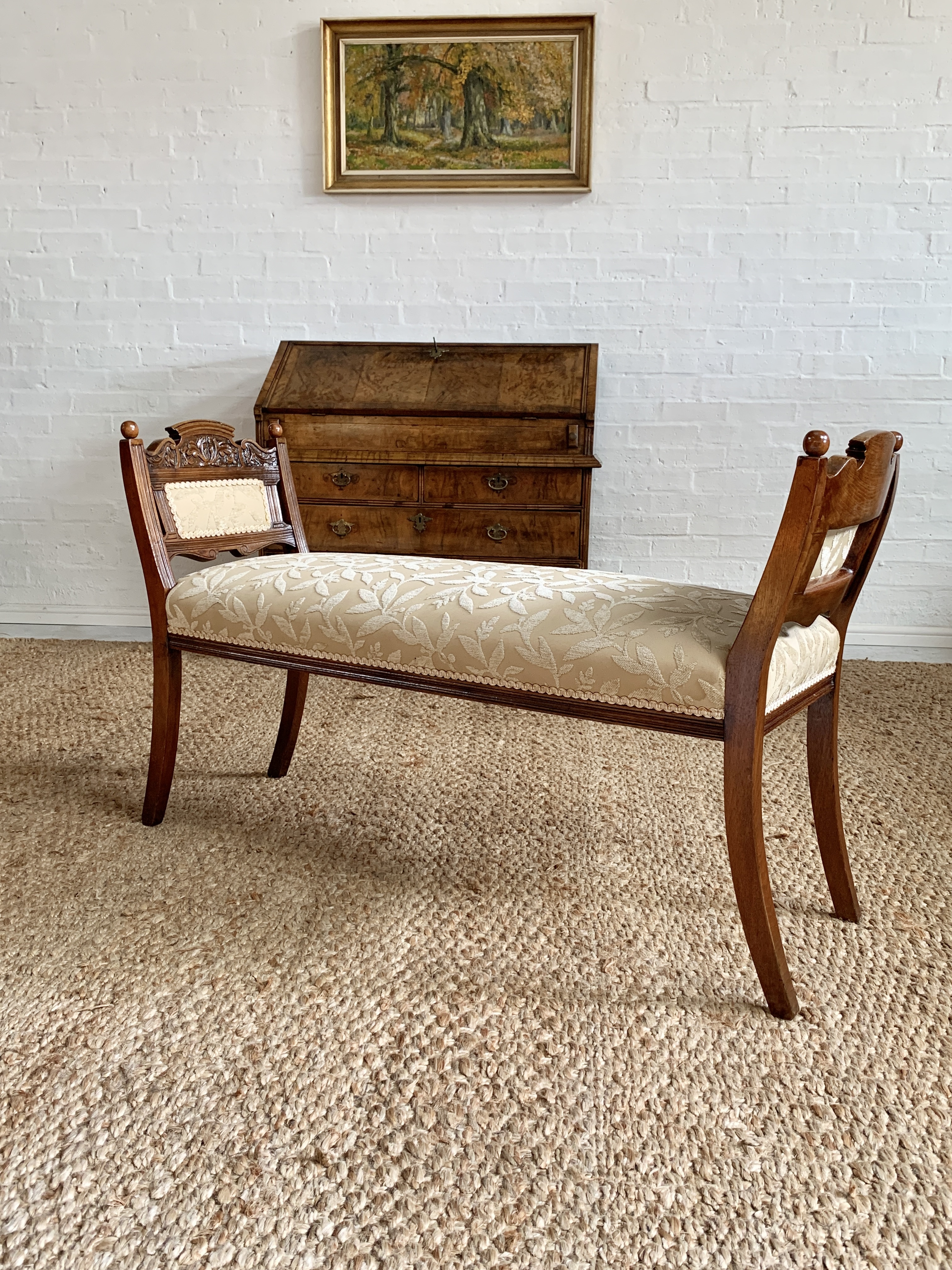 Antique Walnut Window Seat / Bedroom Bench – Carved Detail