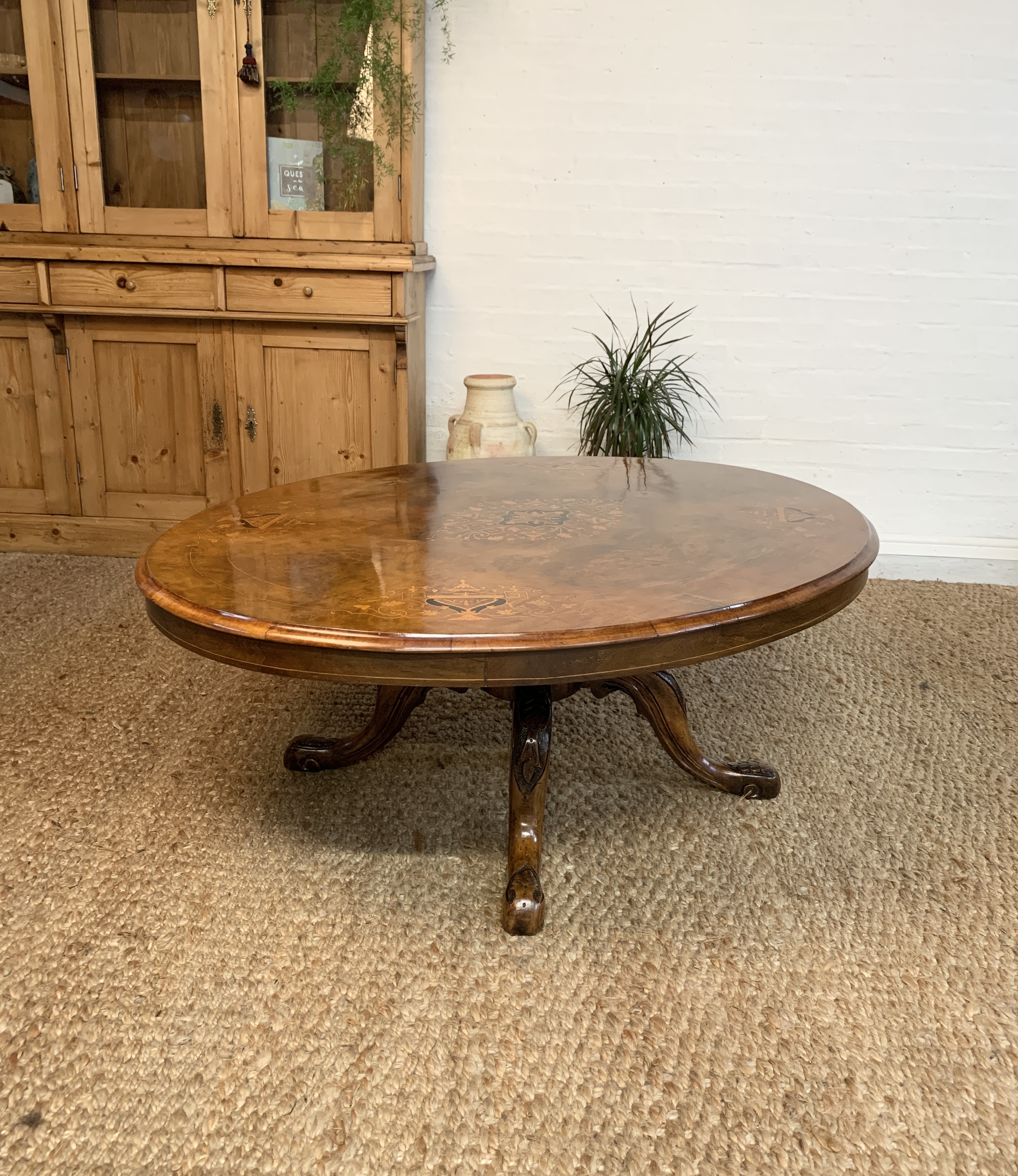Victorian Burr Walnut Coffee Table with Intricate Inlay Design