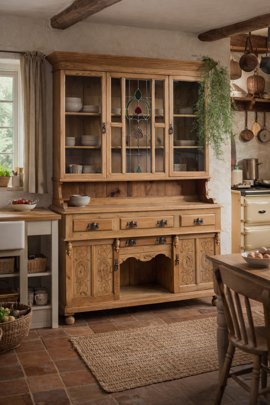 Early 20th Century Pine Farmhouse Kitchen Dresser / Housekeeping Cupboard with Leaded Stained Glass & Hand Carved Doors