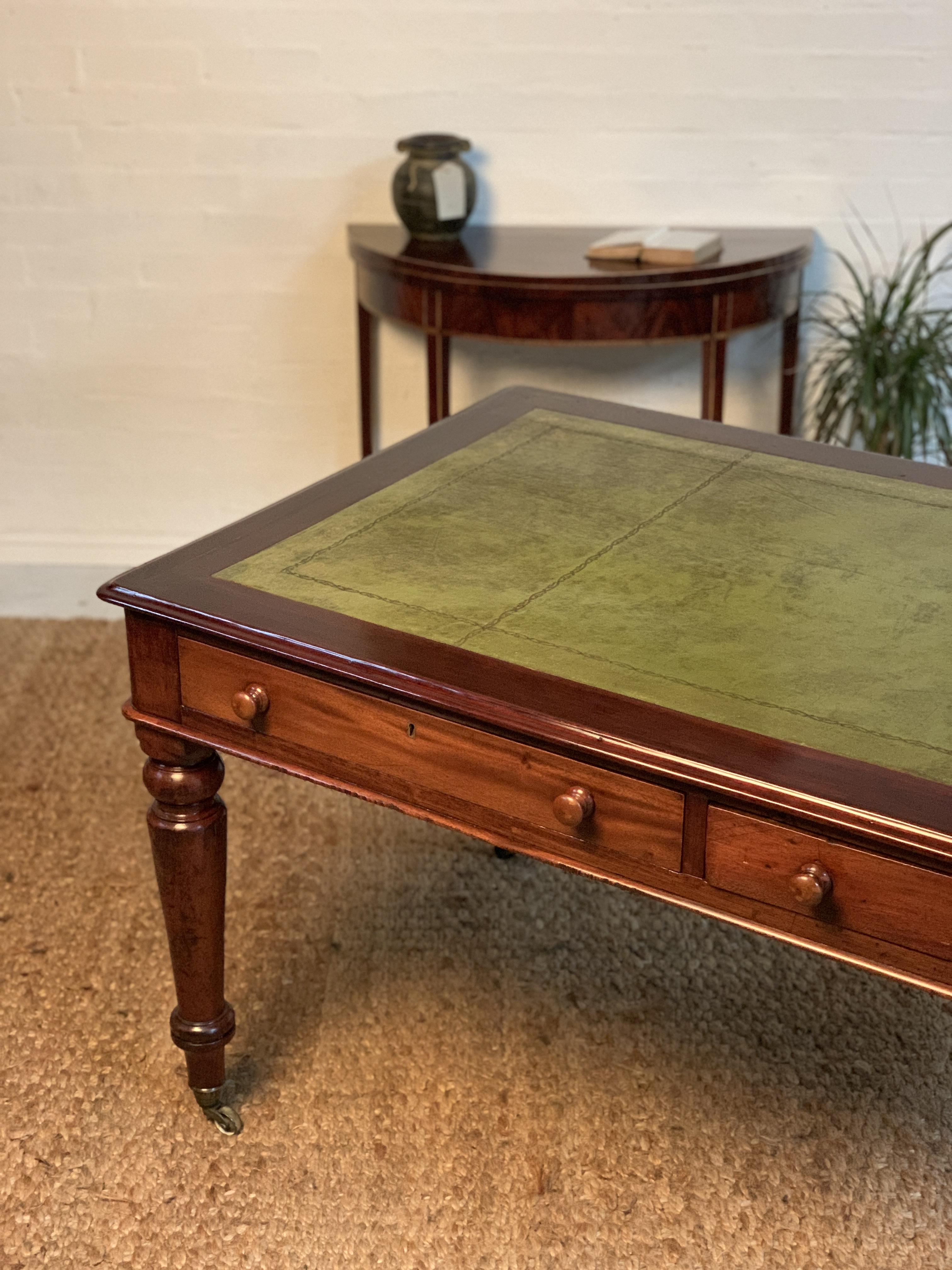 Antique Victorian Mahogany Partner Desk with Olive Tooled Leather Top (c. 19th Century)