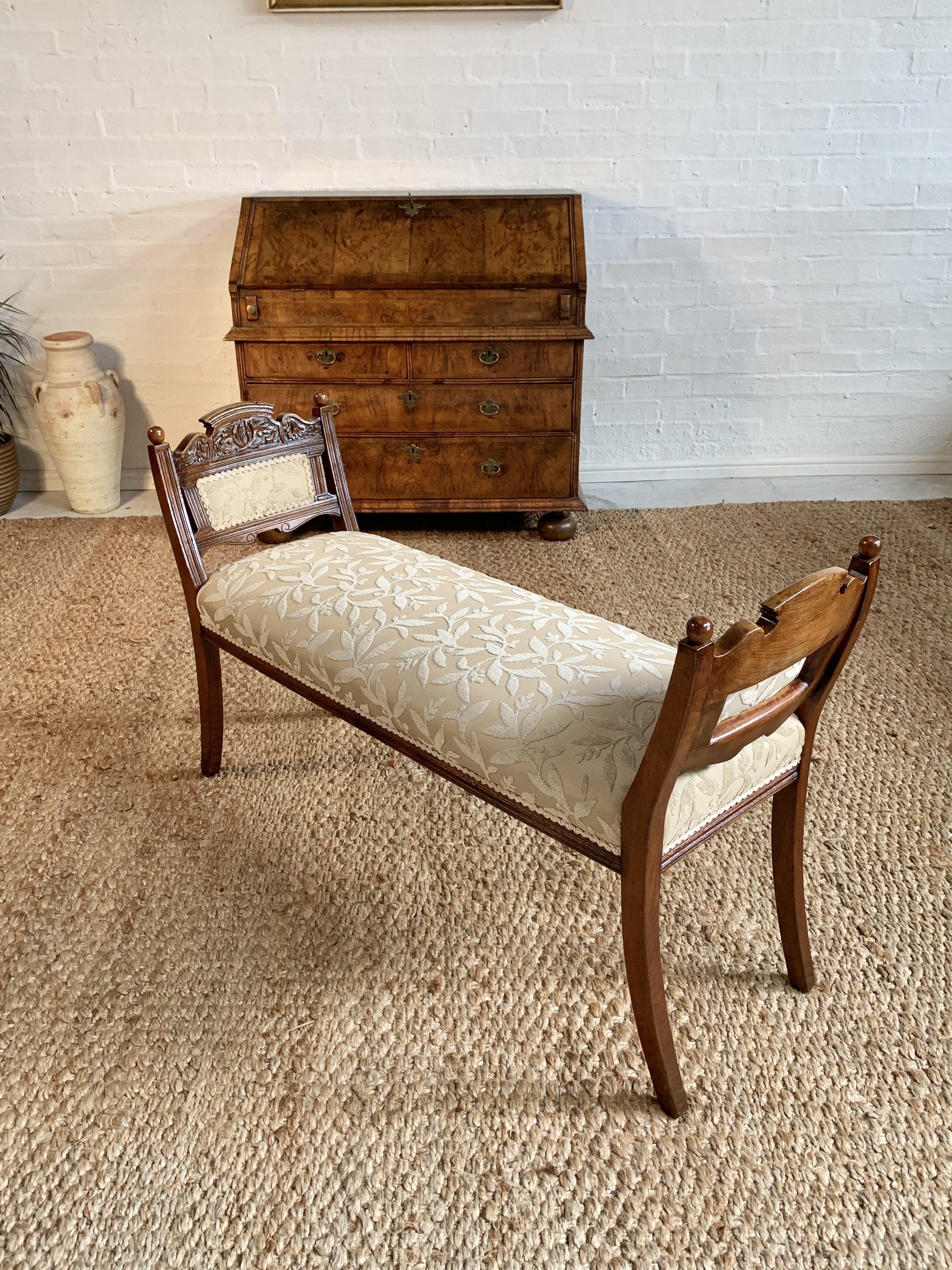 Antique Walnut Window Seat / Bedroom Bench – Carved Detail