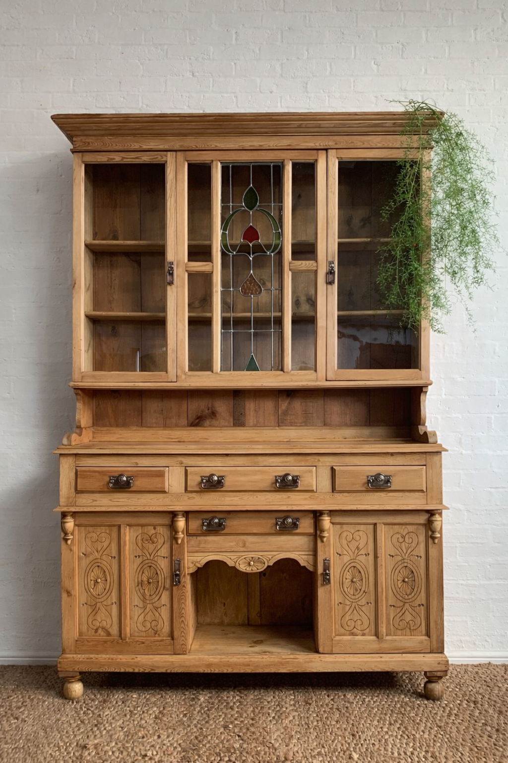 Early 20th Century Pine Farmhouse Kitchen Dresser / Housekeeping Cupboard with Leaded Stained Glass & Hand Carved Doors
