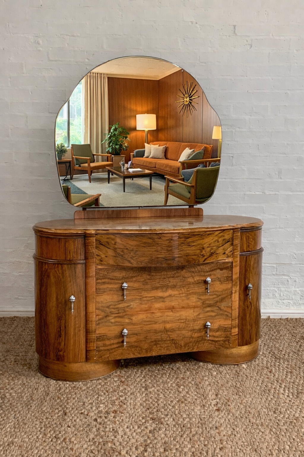 Art Deco Figured Walnut Dressing Table by Shrager c.1930 with Mirror