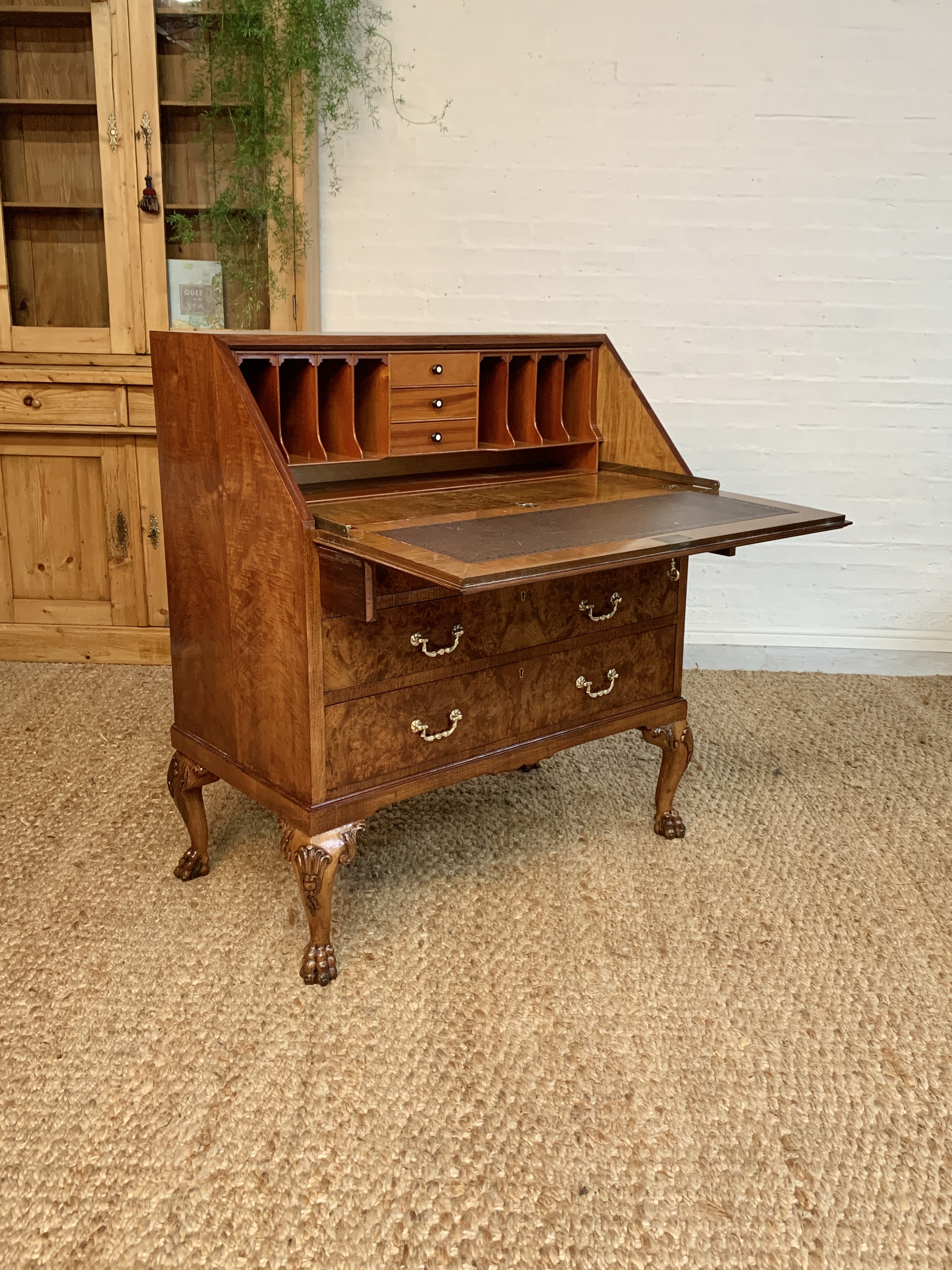 Mid-Century Burr Walnut Bureau desk by Leemings Furnishers Ltd, Halifax