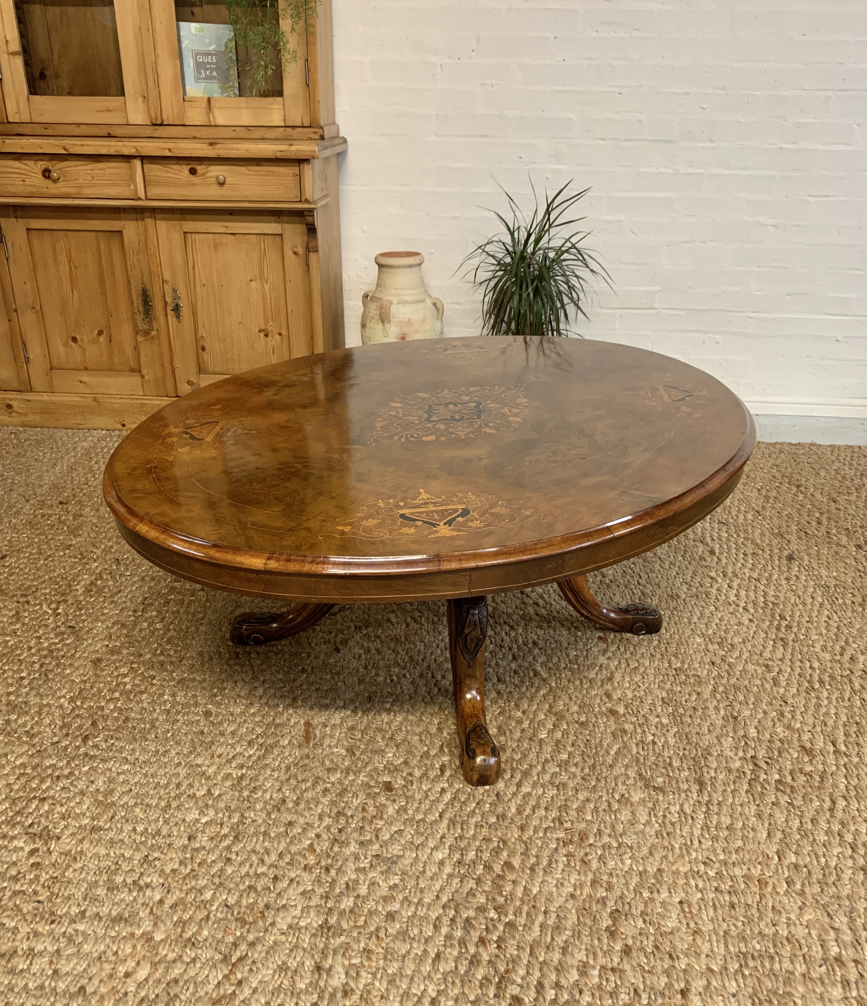 Victorian Burr Walnut Coffee Table with Intricate Inlay Design