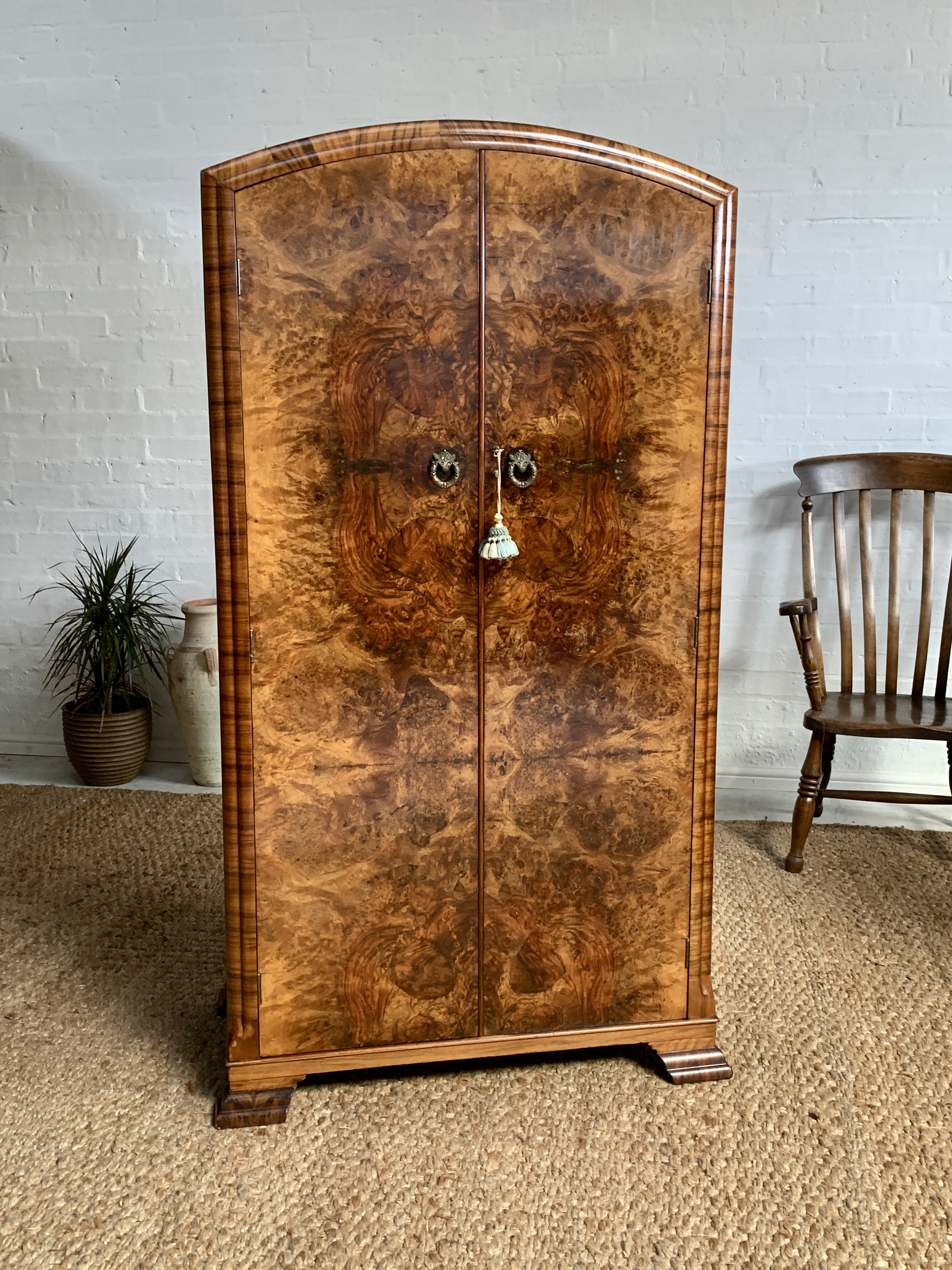Small Art Deco Figured Walnut Wardrobe Armoire Tallboy