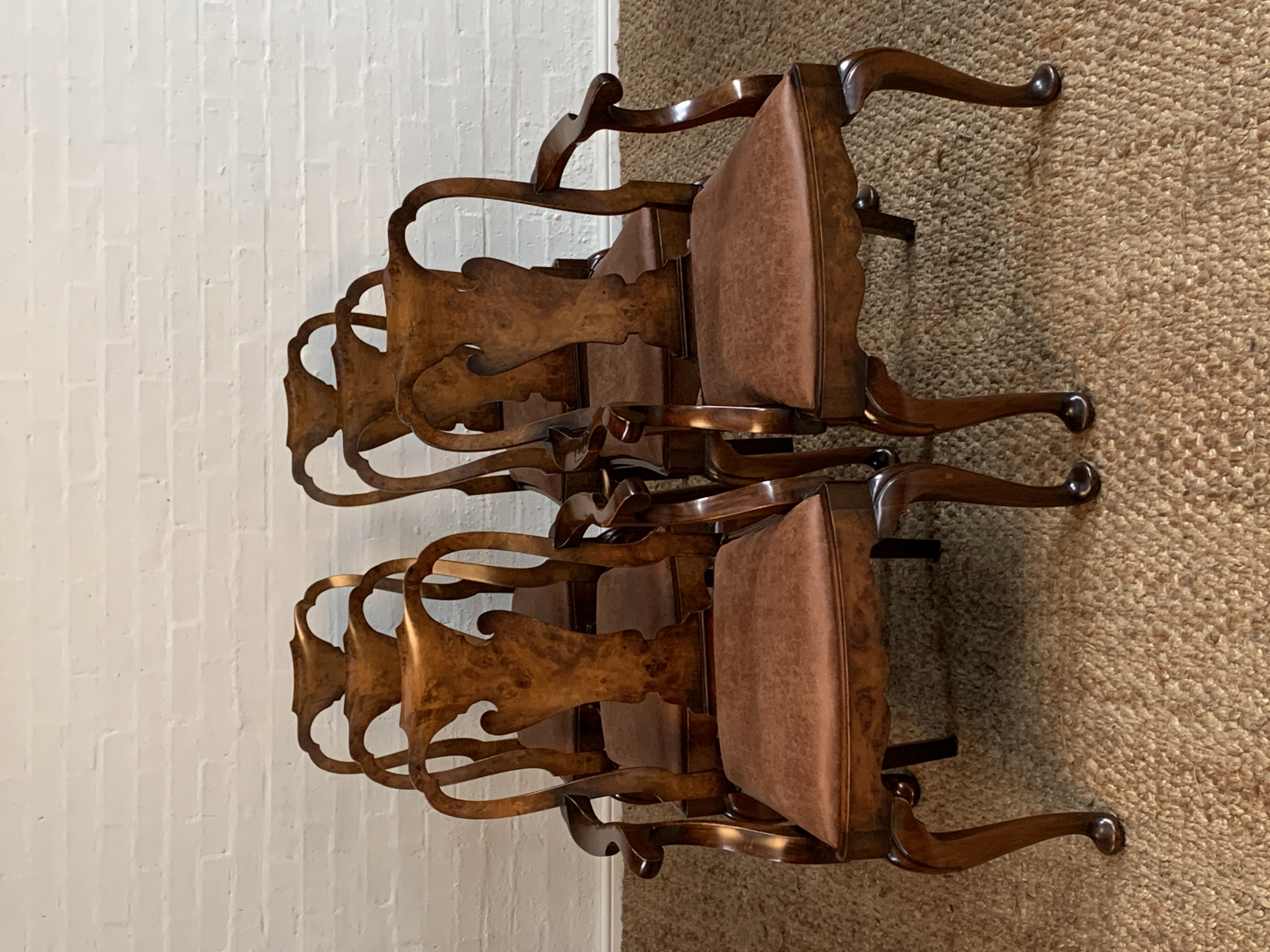 Elegant Set of 6 Queen Anne Style Burr Walnut Dining Chairs – Newly Upholstered