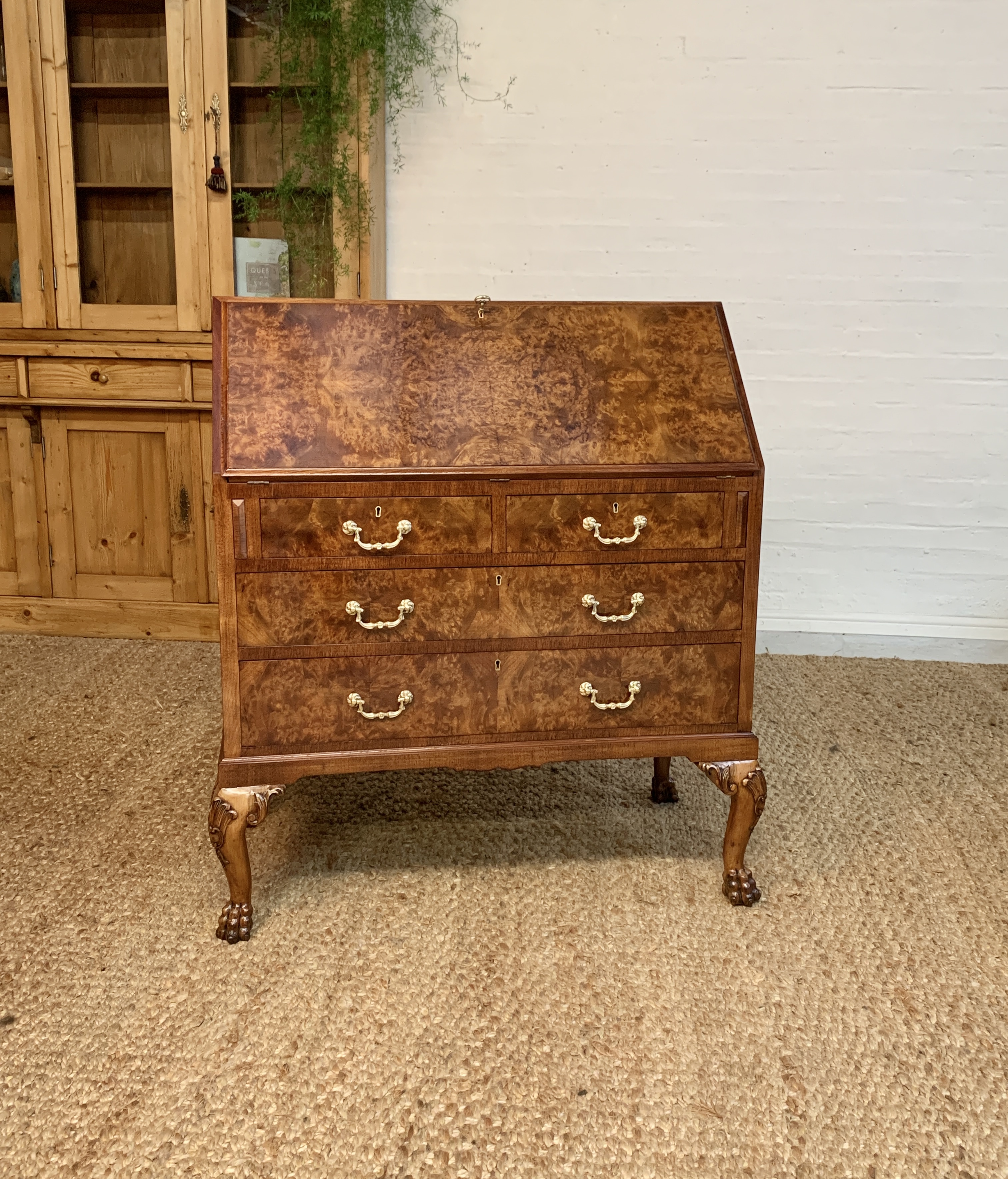 Mid-Century Burr Walnut Bureau desk by Leemings Furnishers Ltd, Halifax