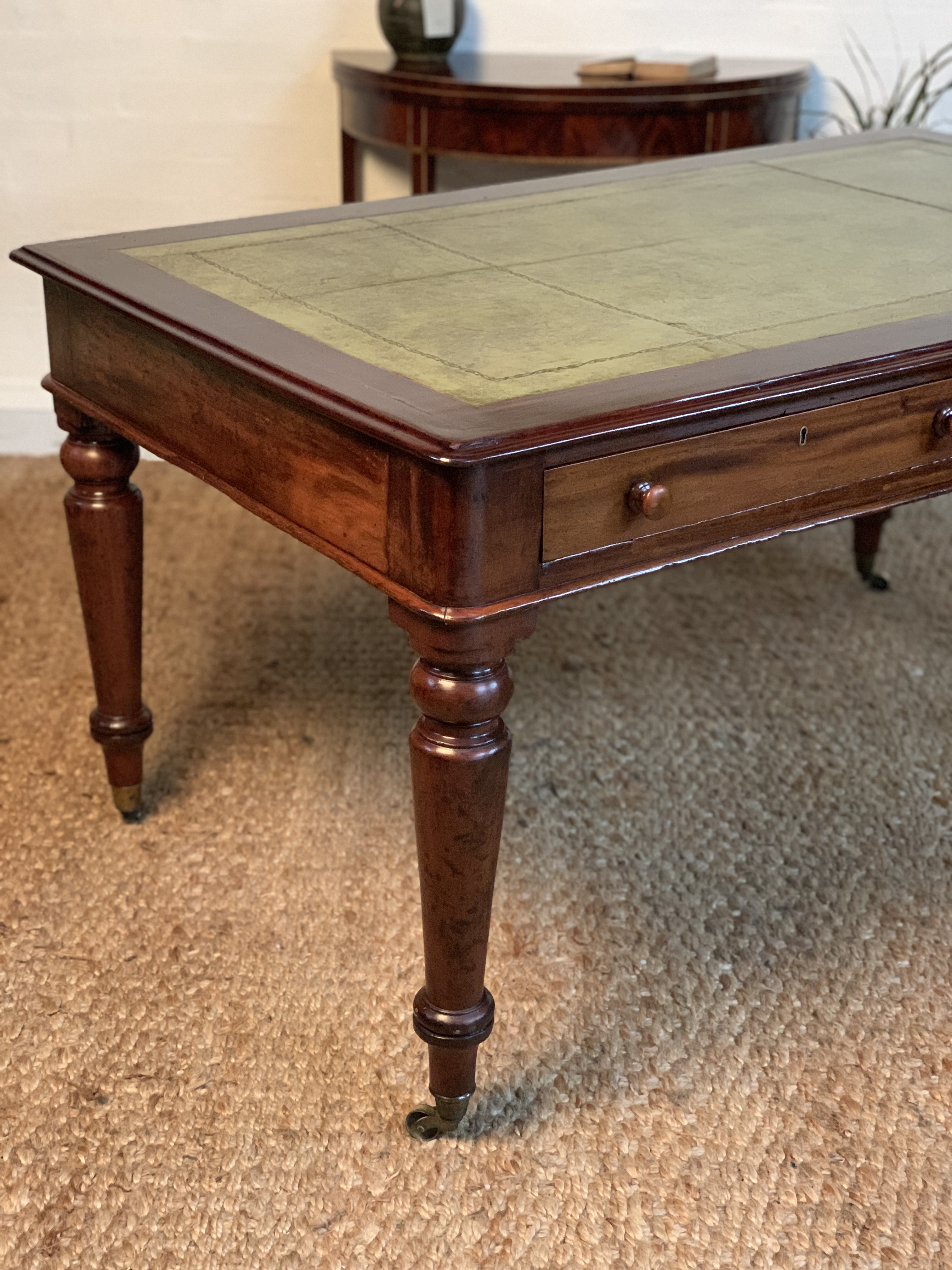 Antique Victorian Mahogany Partner Desk with Olive Tooled Leather Top (c. 19th Century)
