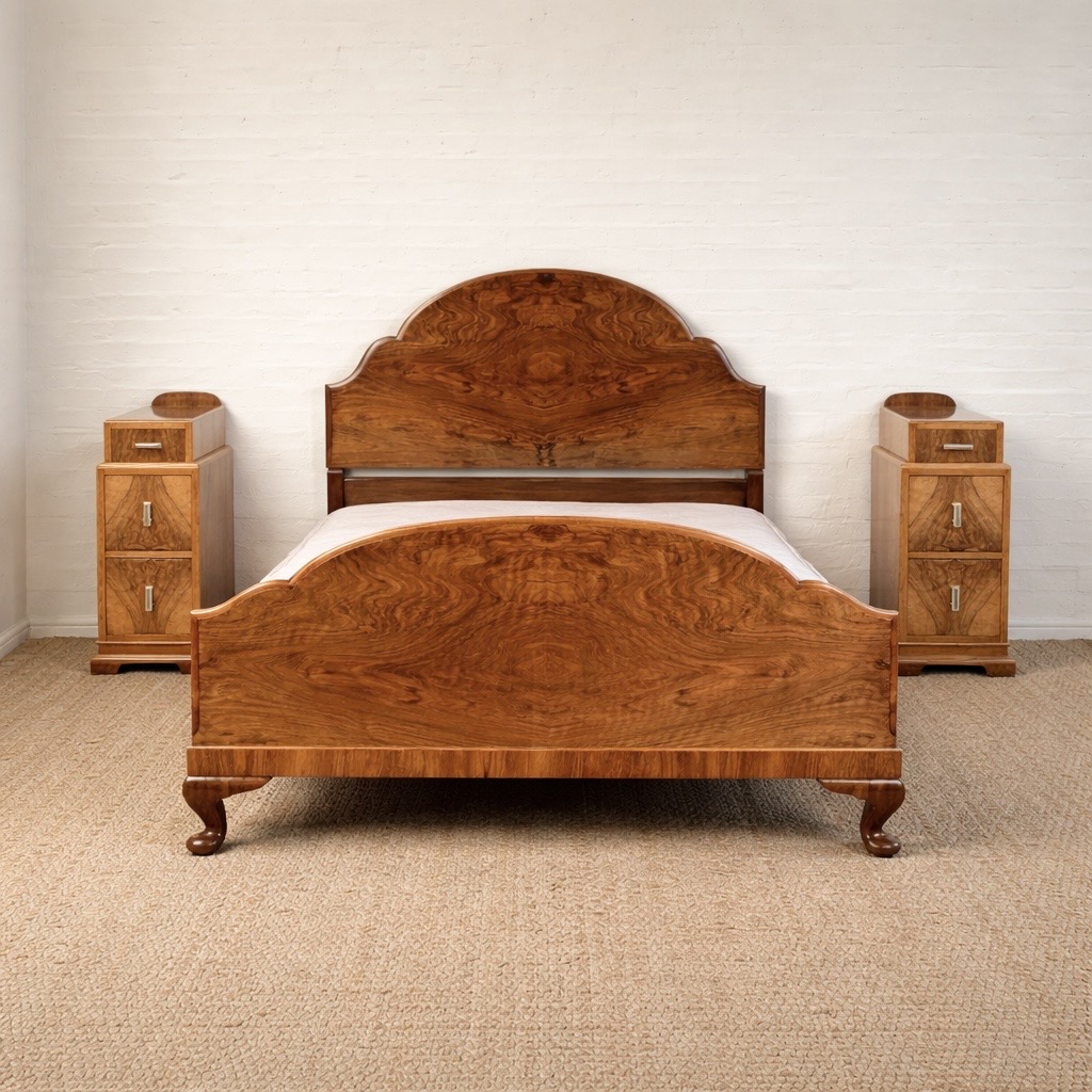 Art Deco Small Double Bed – 1940s | Stunning Figured Walnut