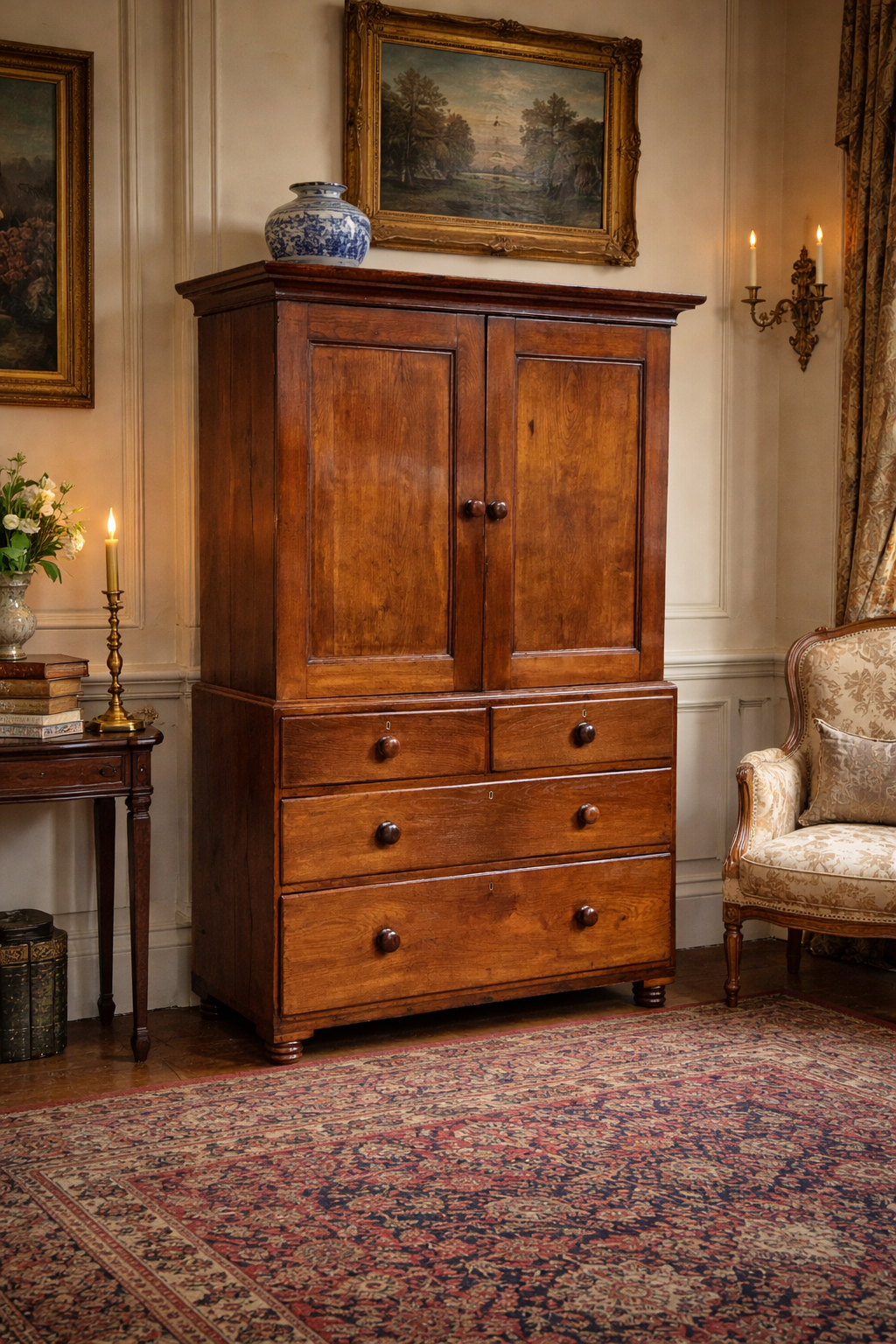 18th Century Oak Linen Press – Solid Oak, Sliding Shelves