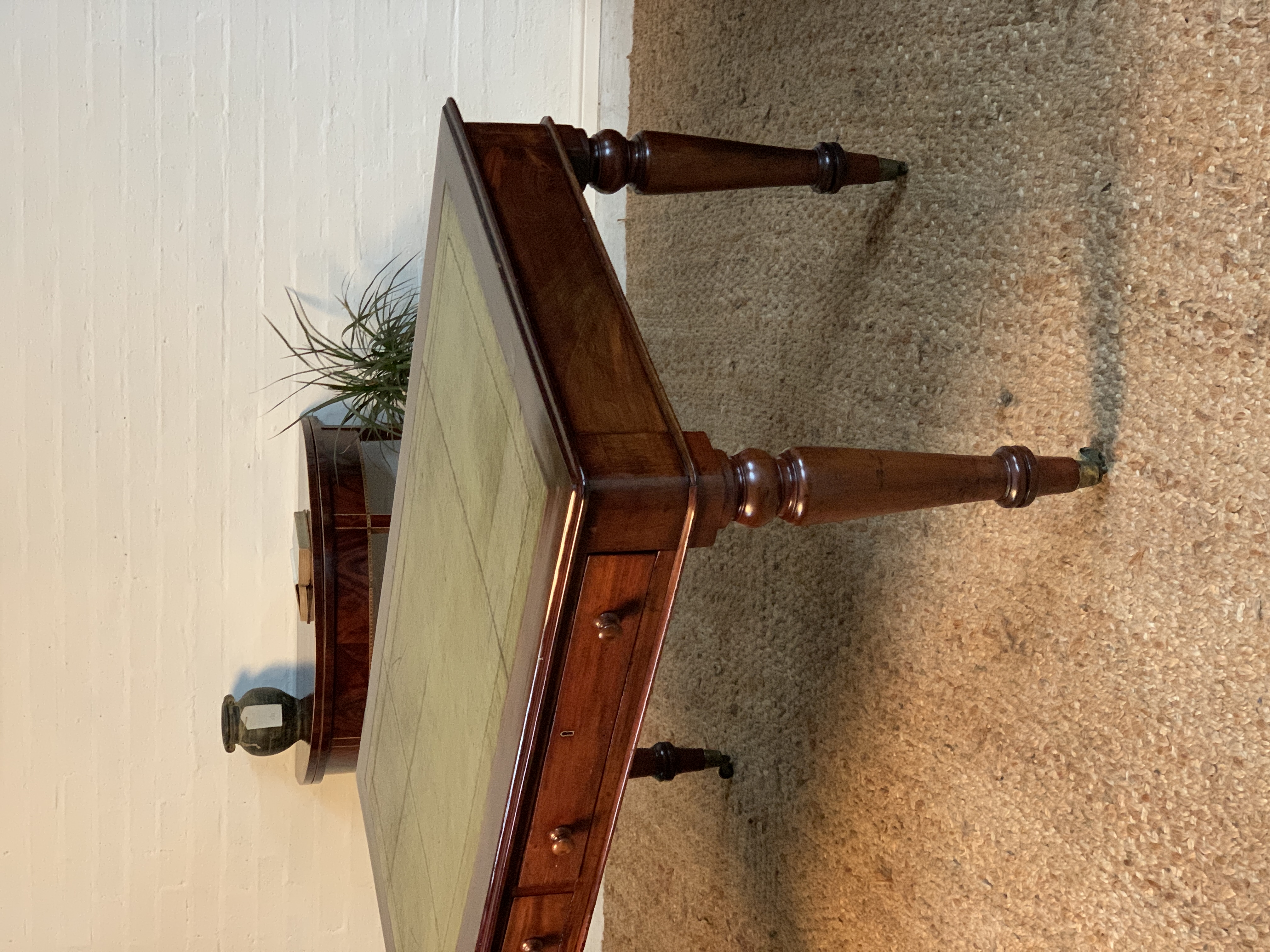 Antique Victorian Mahogany Partner Desk with Olive Tooled Leather Top (c. 19th Century)