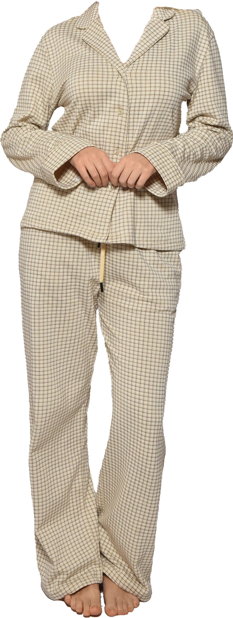Women LS PAJAMAS WITH BUTTONS ,Brown White Plaids