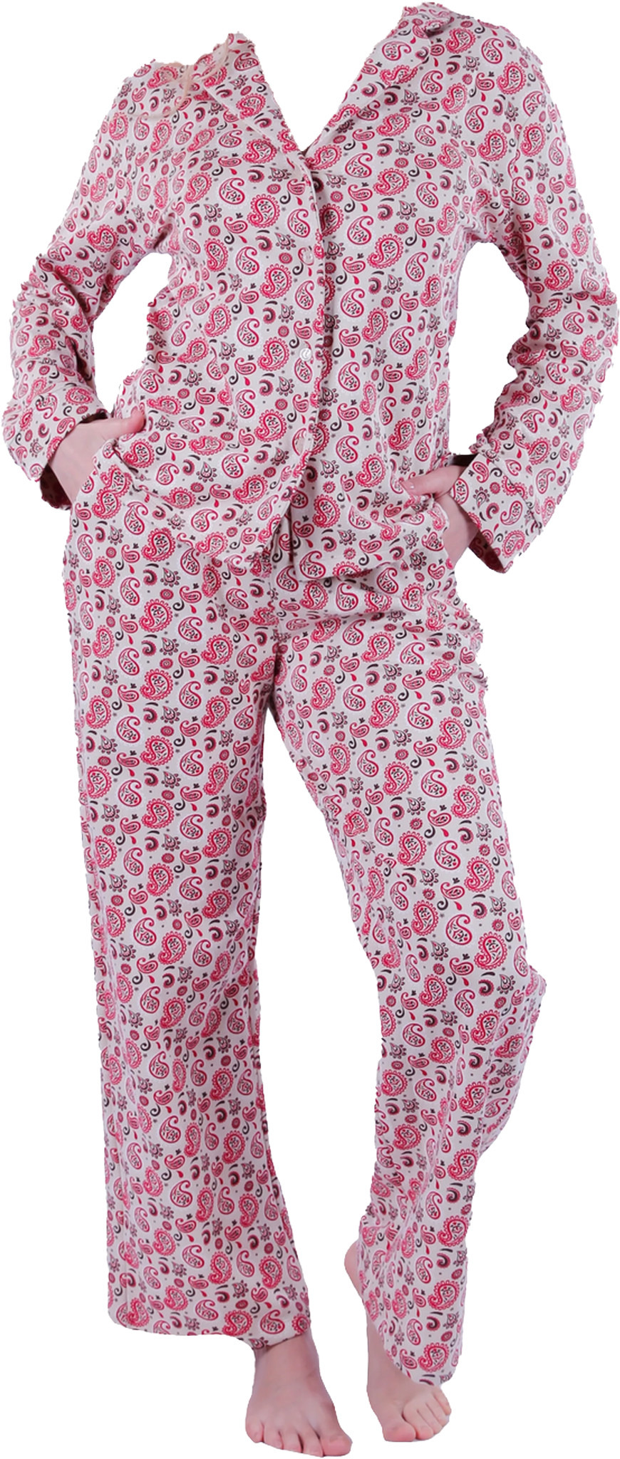 Women LS PAJAMAS WITH BUTTONS ,Red Paisely