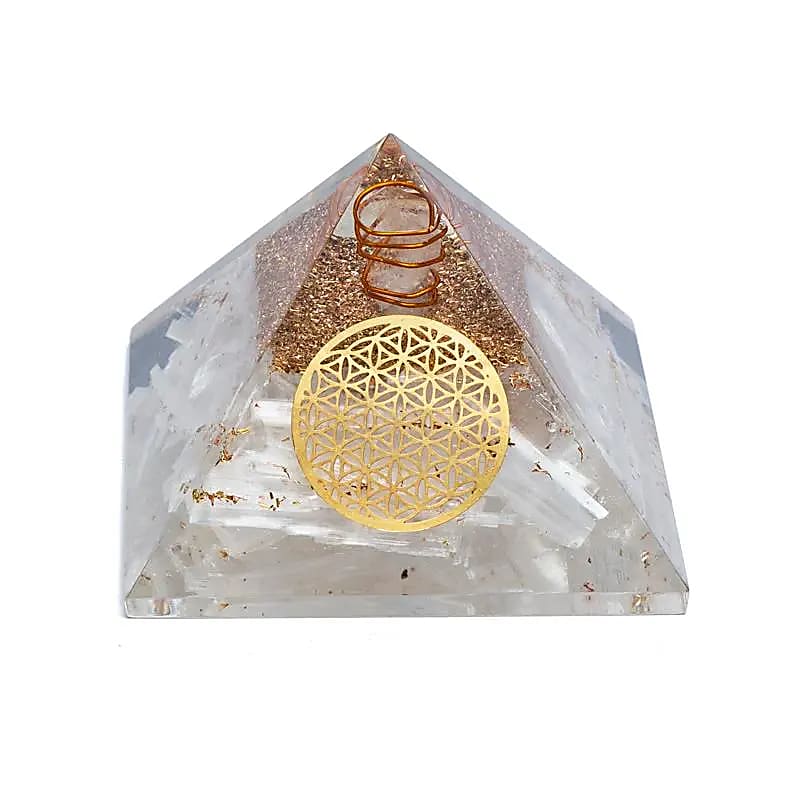 Orgonite pyramide sélénite fleur de vie
