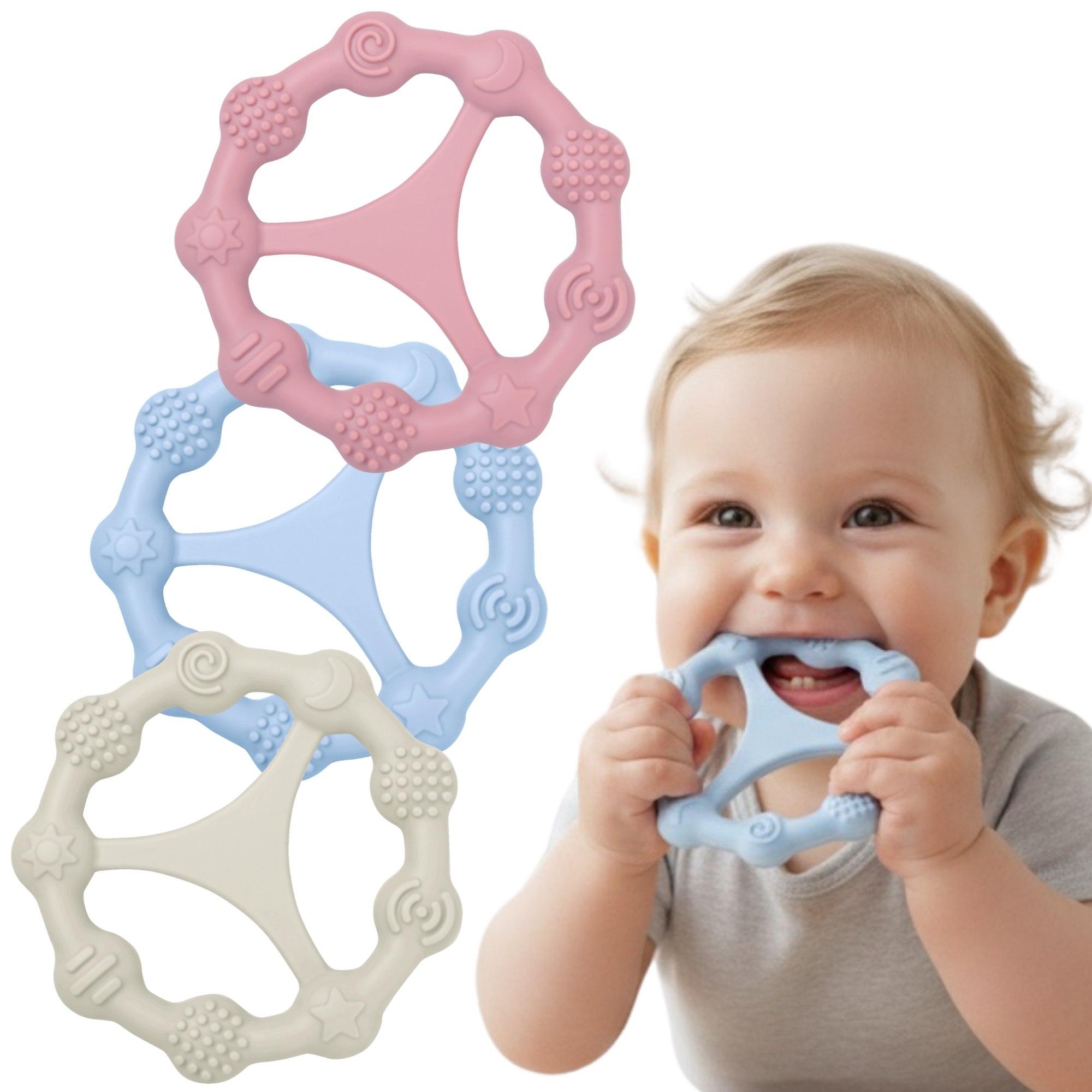 Mordedor Bebe Refrigerante, Pack de 3 Mordedores Bebes 3-6meses, 6-12 Meses, Juguete Dentición a partir de 3 Meses de Silicona Segura y Libre de BPA con Texturas y Fácil Agarre