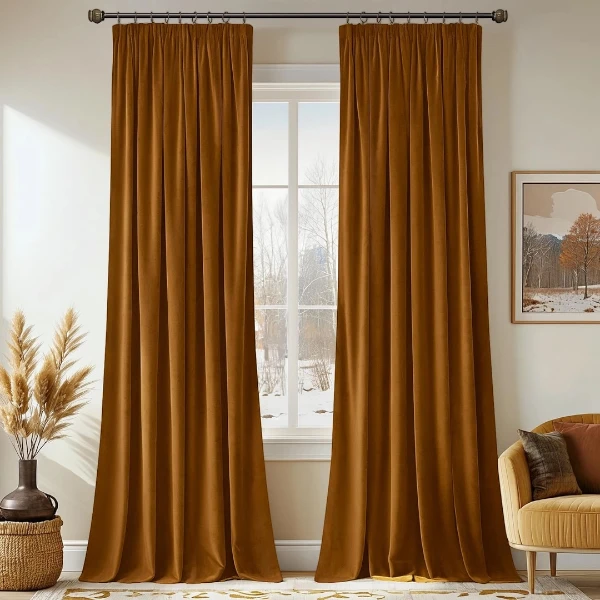MIULEE Golden Brown Velvet Pencil Pleat Blackout Curtains