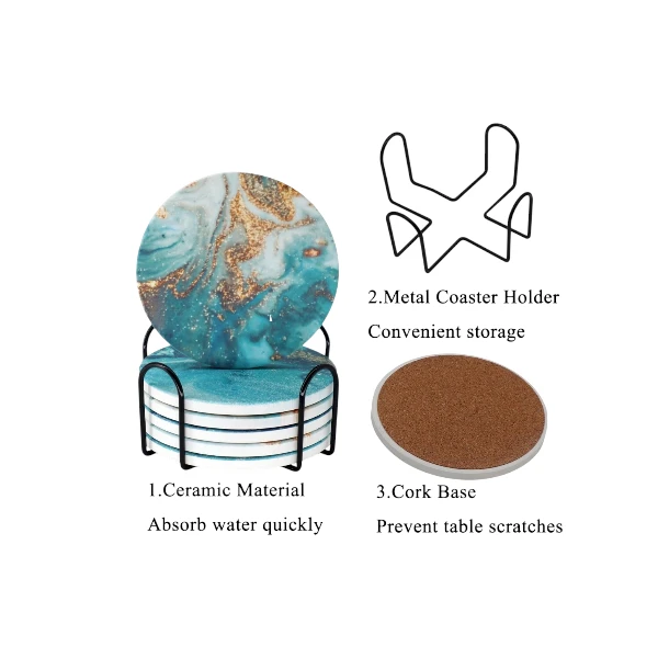 Memeyou Blue Marble Ceramic Coasters With Holder